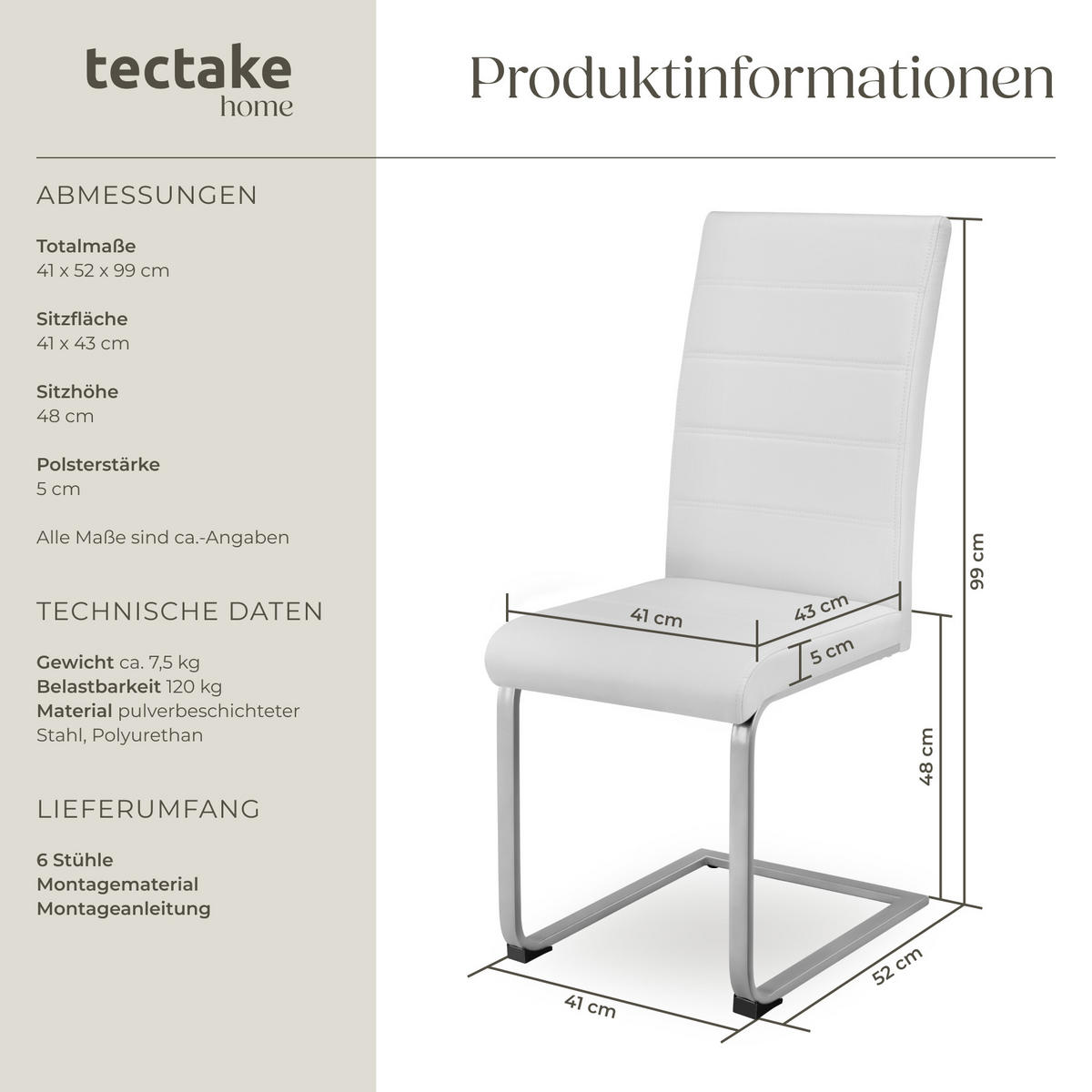 SCHWINGSTUHL 6er Set Bettina 41 x 52 x 99 cm weiß - Weiß, Textil (52/99/41cm) - tectake