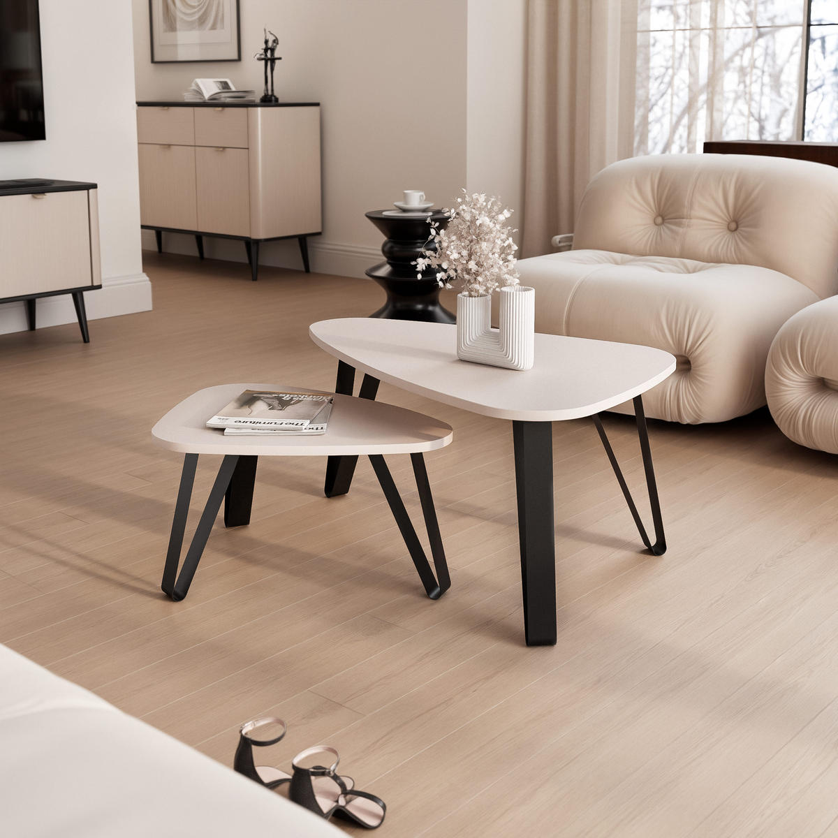 SATZTISCH NOA Stahlgestell, Freiform, Schwarz / Kaschmir - Kaschmir/Schwarz, Holzwerkstoff (94/60/42cm) - Idohome