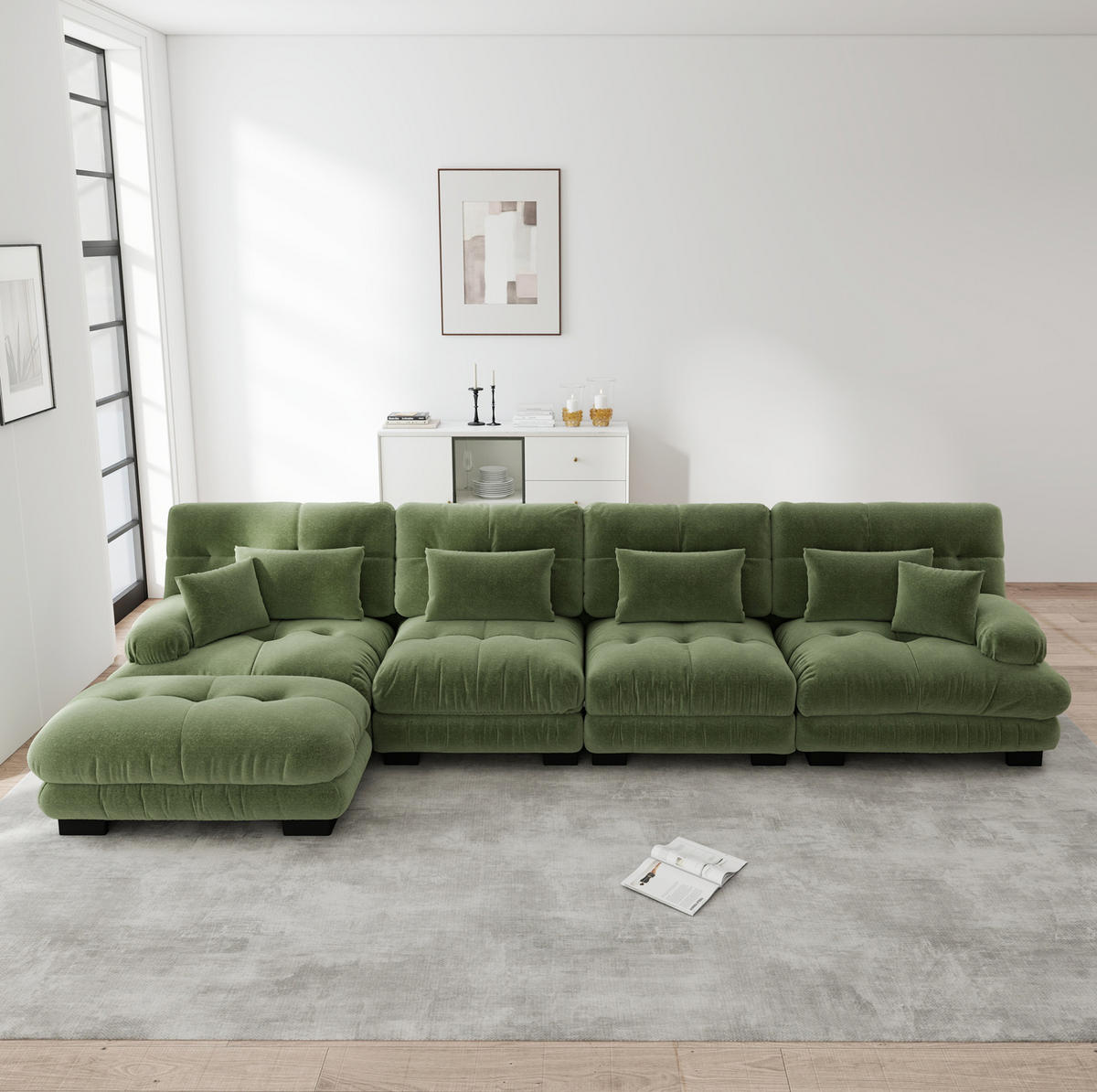 ECKSOFA 406/145/81 cm grün aus Chenille mit modularem Ottoman und Cloud-Komfort - Grün, Textil (145/406cm) - OKWISH