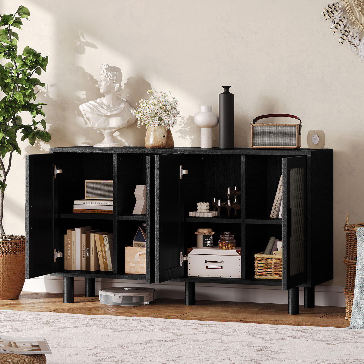 SIDEBOARD 140x40x80 cm Rattan Stauraum schwarz - Schwarz, Holz (140/80/40cm) - Fortuna Lai