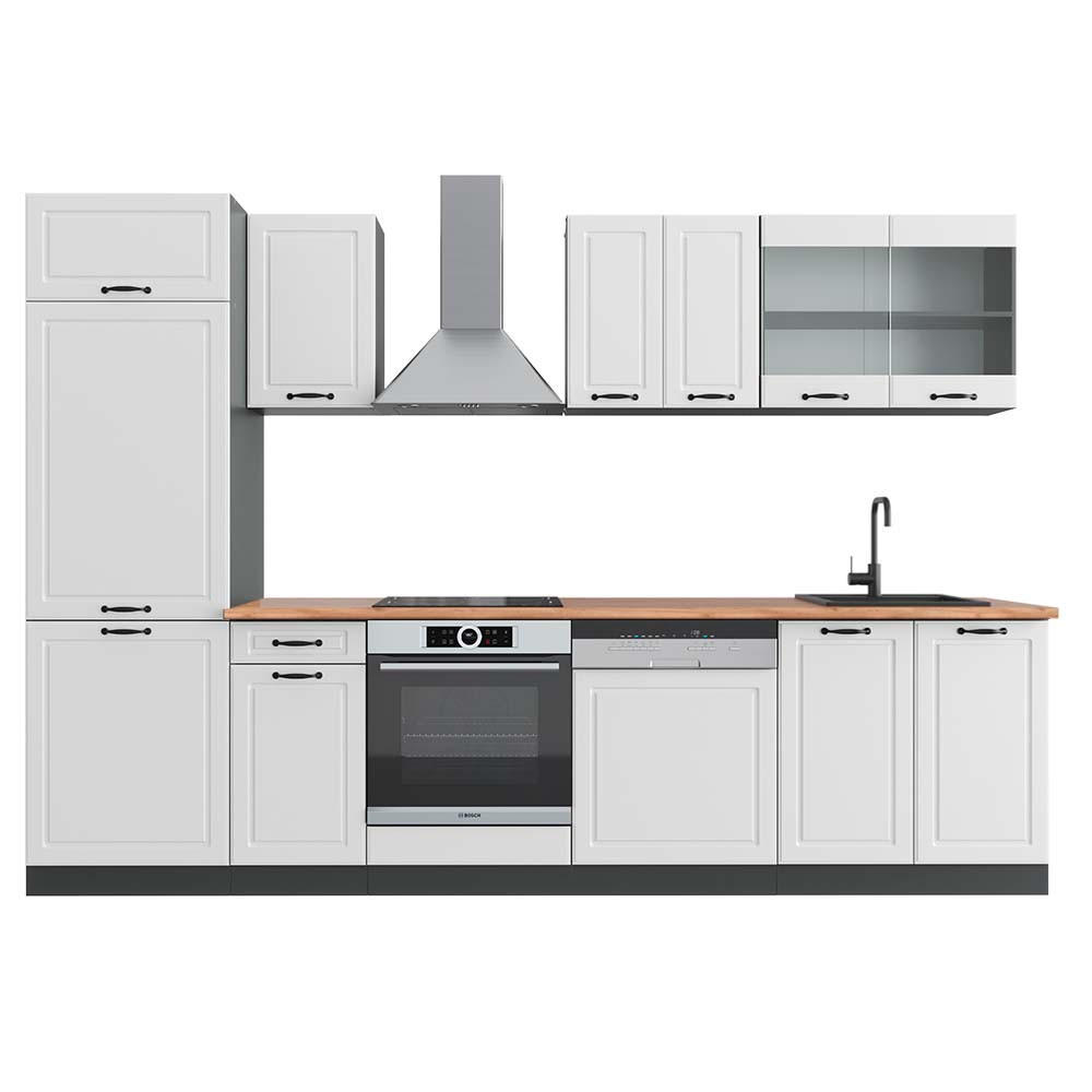 KÜCHENZEILE R-Line Weiß Landhaus/Anthrazit 300 cm, AP Eiche - Anthrazit/Creme, Holzwerkstoff (300/81.6/60cm) - Vicco