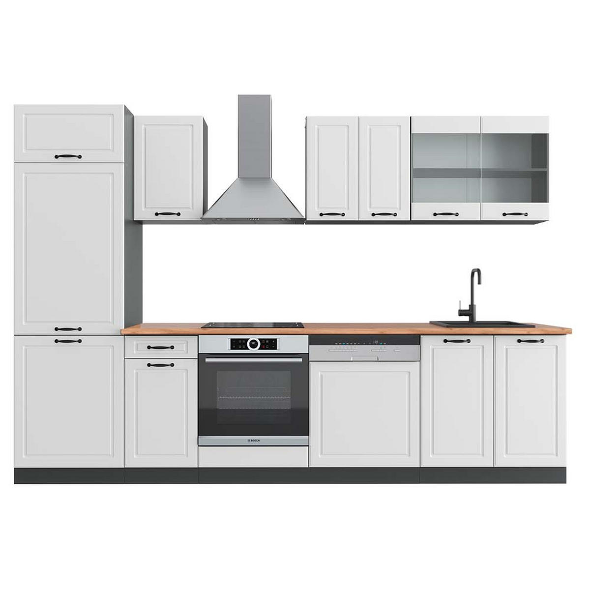 KÜCHENZEILE R-Line Weiß Landhaus/Anthrazit 300 cm, AP Eiche - Anthrazit/Creme, Holzwerkstoff (300/81.6/60cm) - Vicco