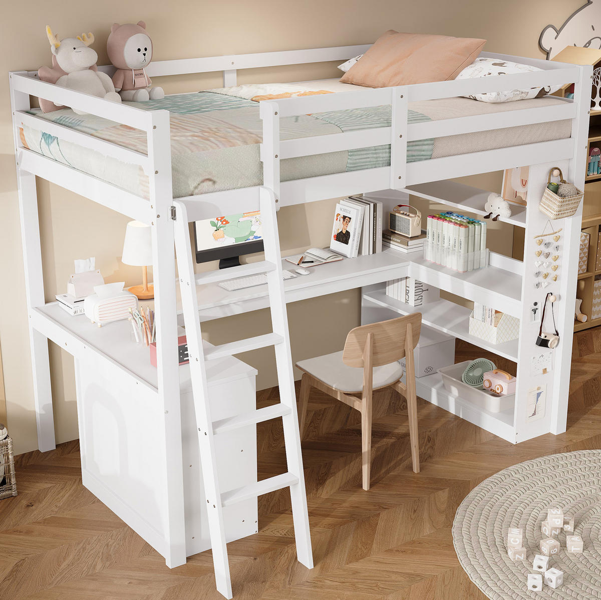 HOCHBETT 90/200 cm weiß aus Kiefer mit Ablageregal und Filztuch - Weiß, Holz (90/200cm) - OKWISH