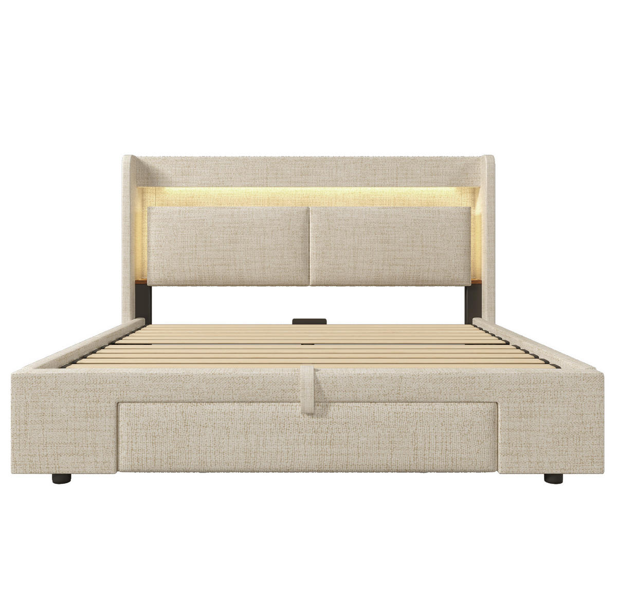 POLSTERBETT aus Leinen 140x200 cm Beige mit Stauraum, LED-Beleuchtung, USB- und USB-C-Anschlüssen - Beige, Textil (140/200cm) - IVMEU