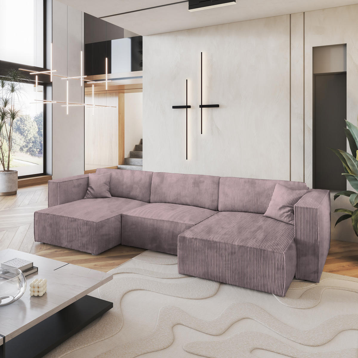 WOHNLANDSCHAFT SARMO P Lila Kordstoff mit Schlaffunktion - Lila, Holz (347/70/148cm) - MASSENO