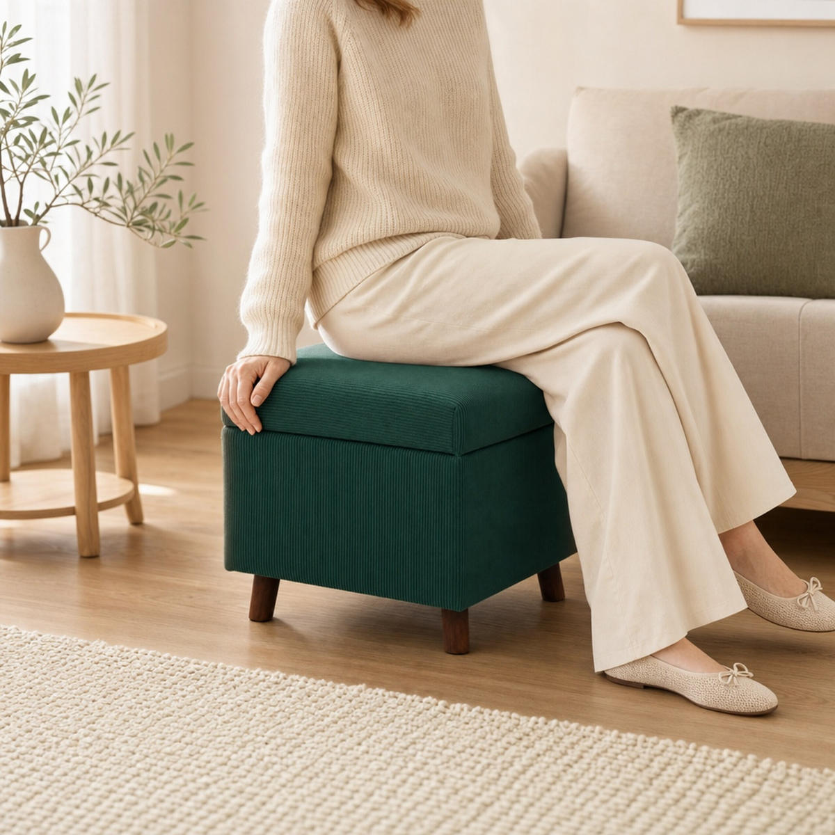 TABURET Verde închis catifea reiată cu spațiu de depozitare 40 cm - verde închis, material textil/compozit lemnos (46/40/40cm) - Relaxdays