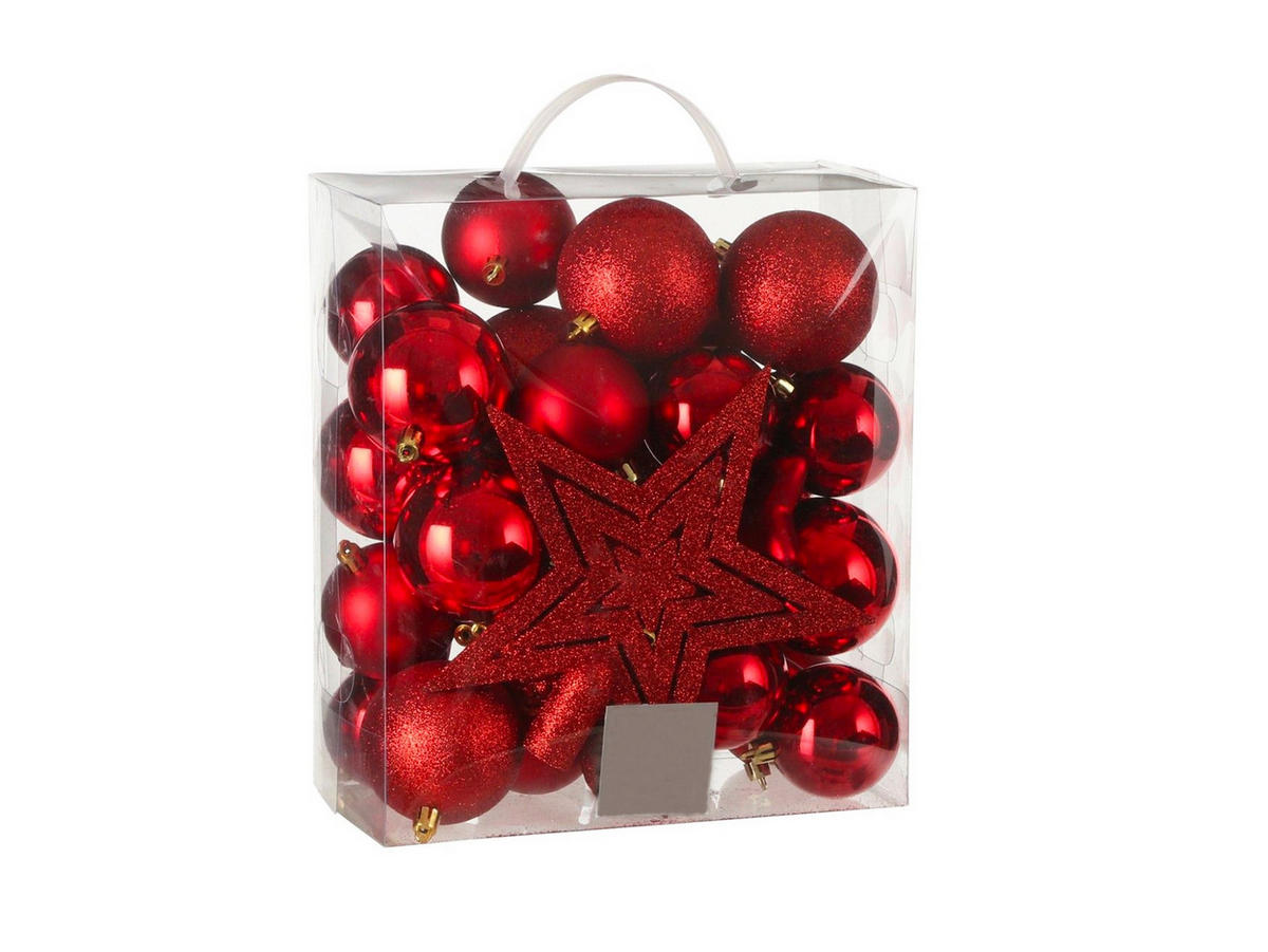 LAALU CHRISTBAUMKUGEL-SET 40 Ornamenten: Ornamente und Spitze rot mix 6-20 cm - Rot, Kunststoff (30/30/30cm) - LAALU