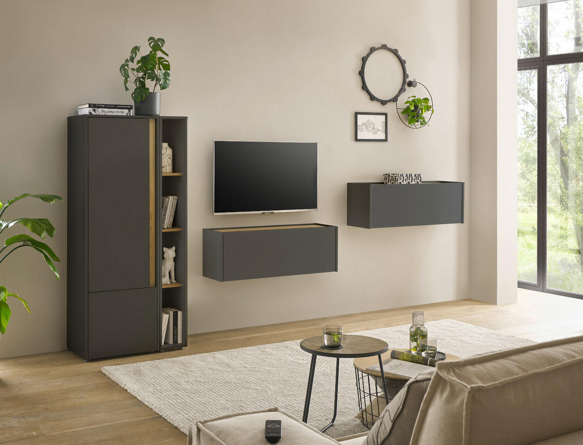 WOHNWAND grau matt , Eiche Wotan 4-teilig 310 cm, Wohnzimmer Schränke mit Sekretär - Eiche Wotan/Grau, Holzwerkstoff/Kunststoff (310/170/40cm) - Furn.Design