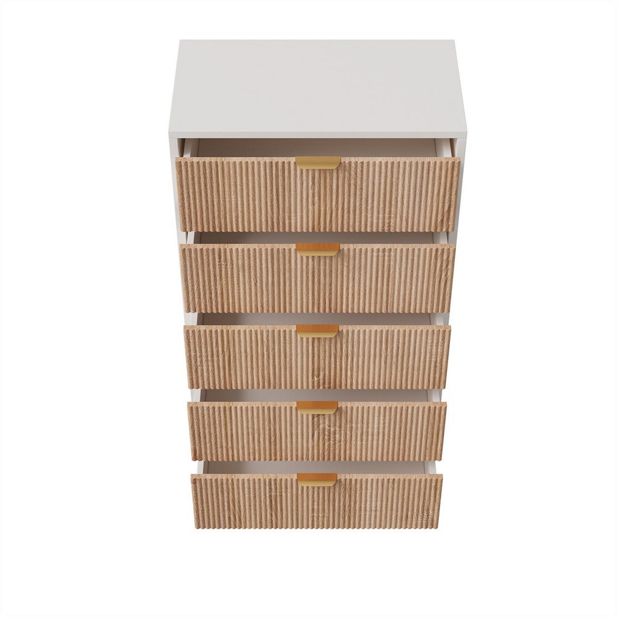 KOMMODE mit 5 Schubladen - vertikale Rillen und goldene Metallbeine - Naturholz und Weiß - Eichefarben, Holzwerkstoff (60/109.8/34cm) - DELFA