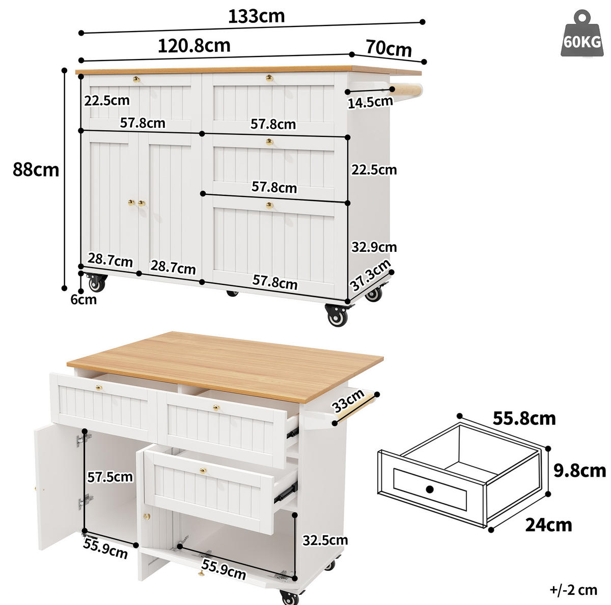 KÜCHENINSEL aus MDF 133x37,3/70x88 cm Weiß mit Rollen, Stützfüßen und Klapptür mit Kettenbremse - Weiß, Holzwerkstoff (133/88/37cm) - Modfu