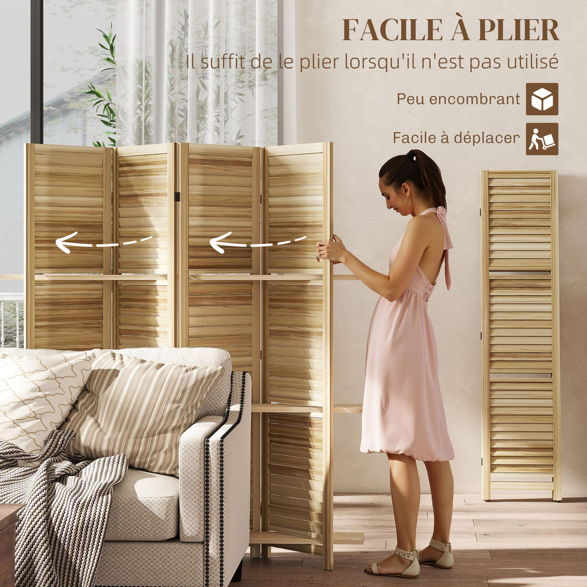 PARAVENT DE-14318 4 Paneele, 3 Regalböden, Lamellen Naturholz - Naturfarben, Holz (160/170/1.9cm) - ComfortXL