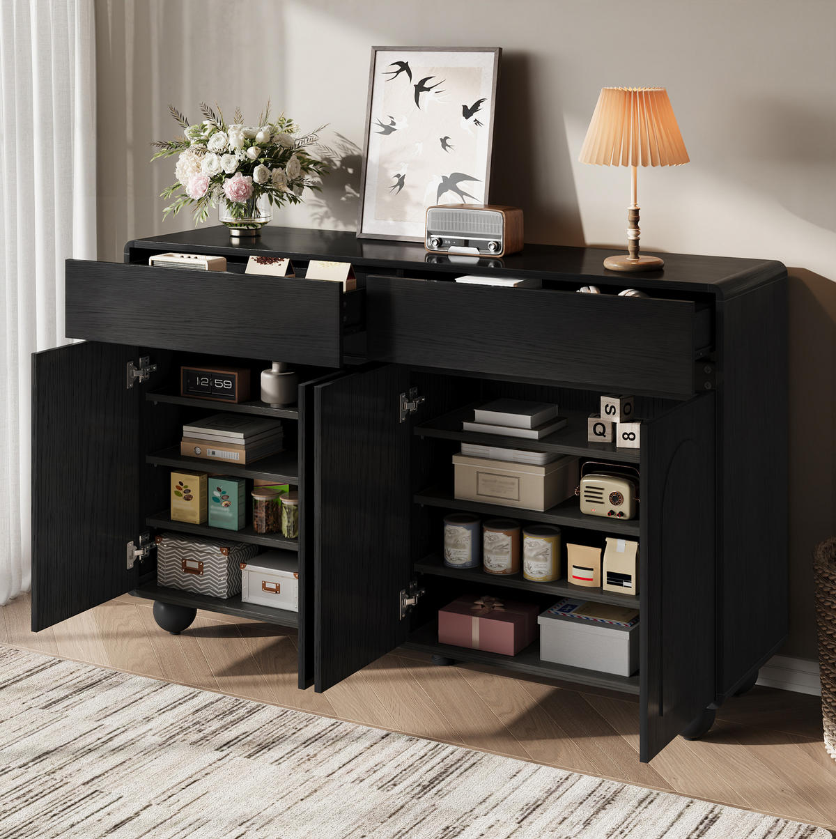 SIDEBOARD 140/38/89 cm schwarz aus MDF mit 2 Schubladen - Schwarz, Holzwerkstoff (140/89/38cm) - OKWISH
