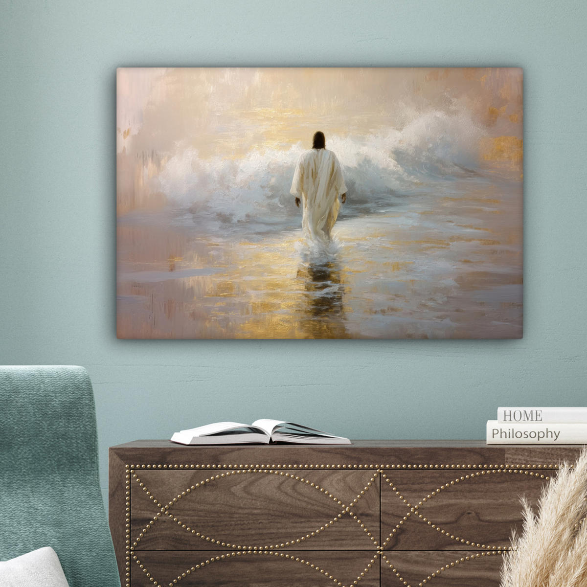 LEINWANDBILD Gemälde - Welle - Jesus - Abstrakt Gemälde 60x40 cm - Goldfarben, Textil (60/40cm) - MuchoWow