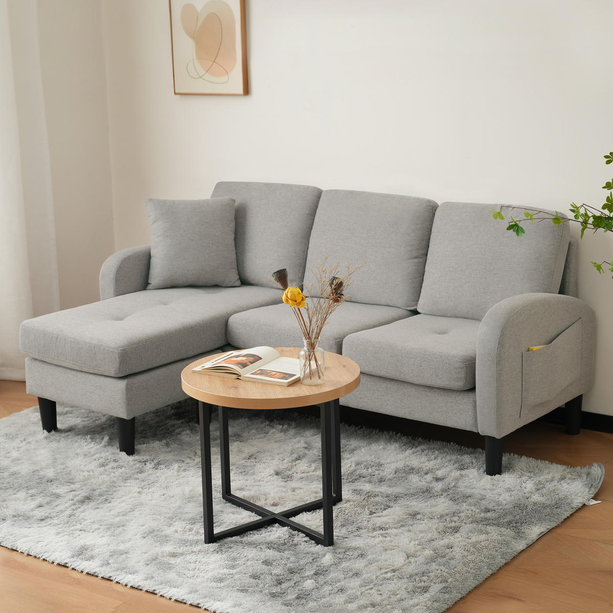 ECKSOFA L-Form 3-Sitzer mit Chaiselongue Baumwoll-Leinen Grau 166/118/77 cm - Hellgrau, Kunststoff (166/118cm) - OKWISH
