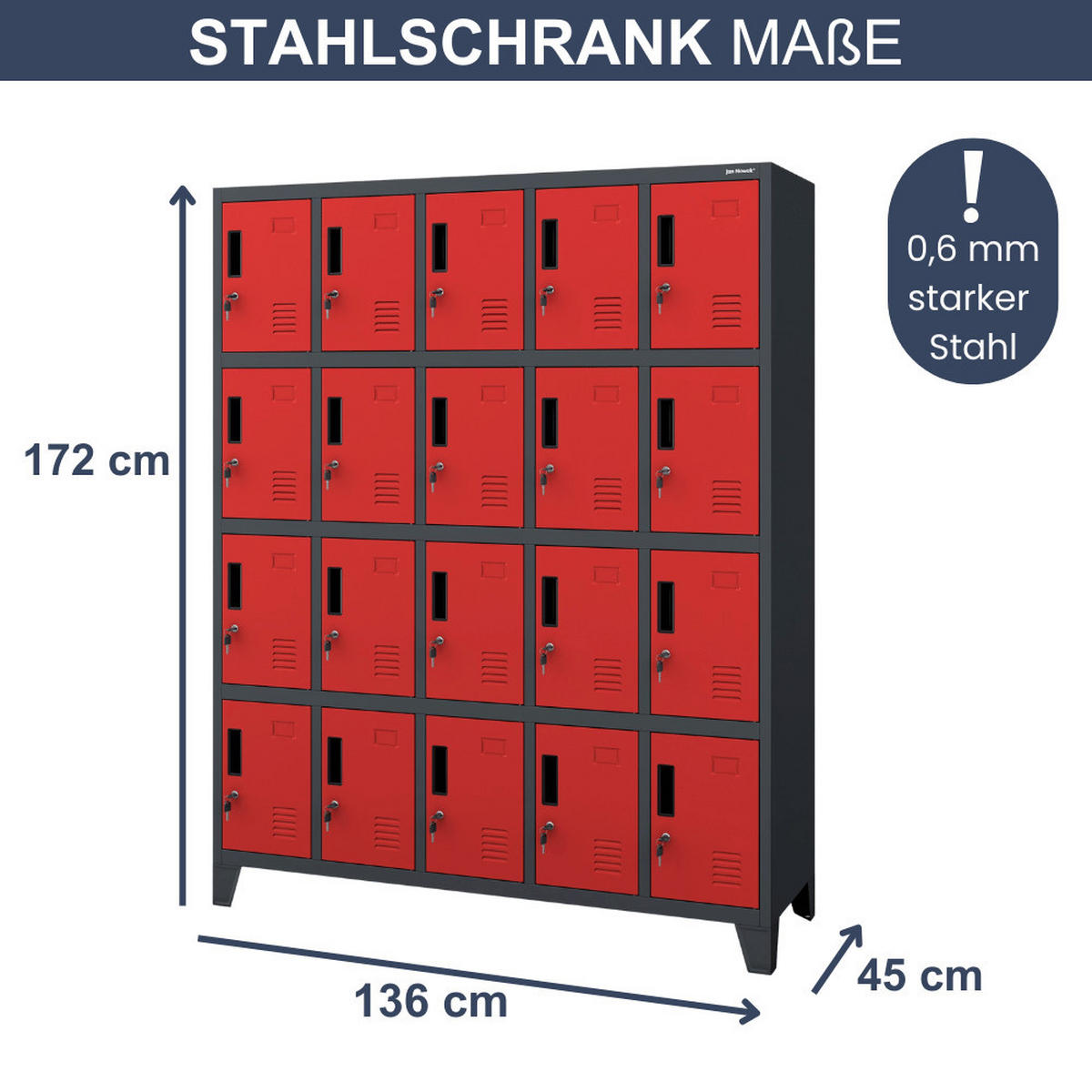 SCHLIESSFACHSCHRANK Spind TAMPA 20 Fächer172x136x45cm Anthrazit-Rot - Anthrazit, Metall (136/172/45cm) - DELUKE