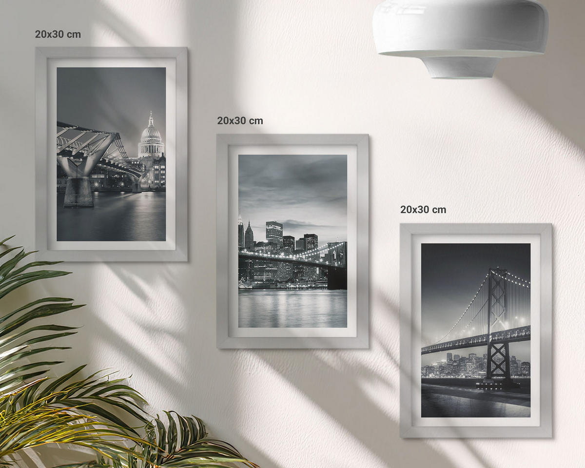 WANDBILDER 3er Set - 20x30 cm Silberner Rahmen - Brücken, Stadtarchitektur, Grau - Silberfarben, Kunststoff (20/30cm) - ArtPrintCave