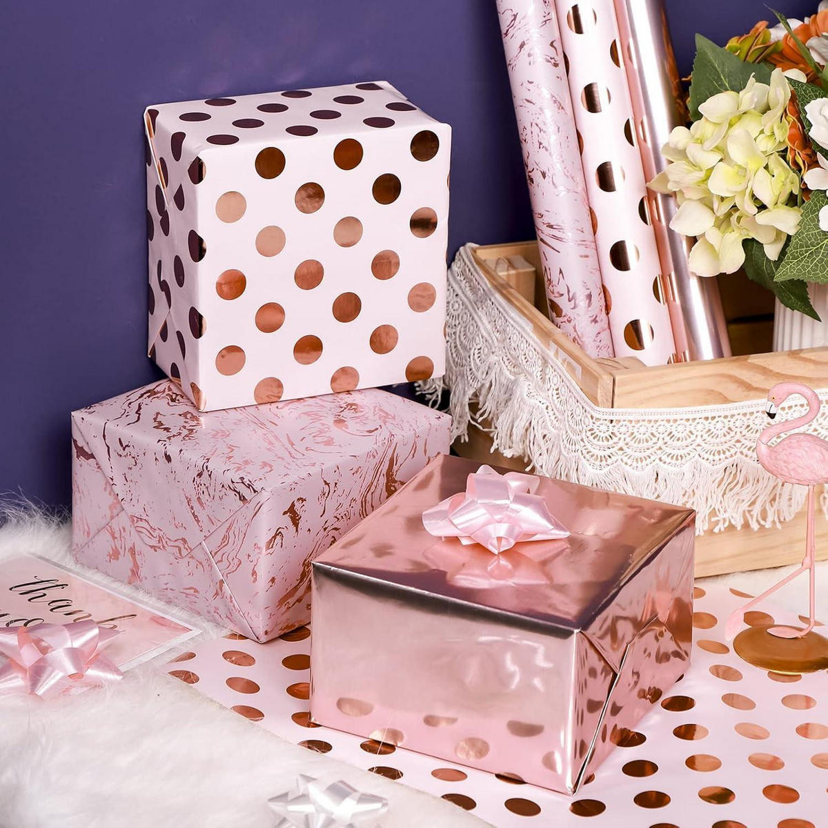 GESCHENKPAPIER 3-teiliges Set Rosa Marmor Tupfen Streifen 43,2 cm - Multicolor, Papier (12/21/27cm)