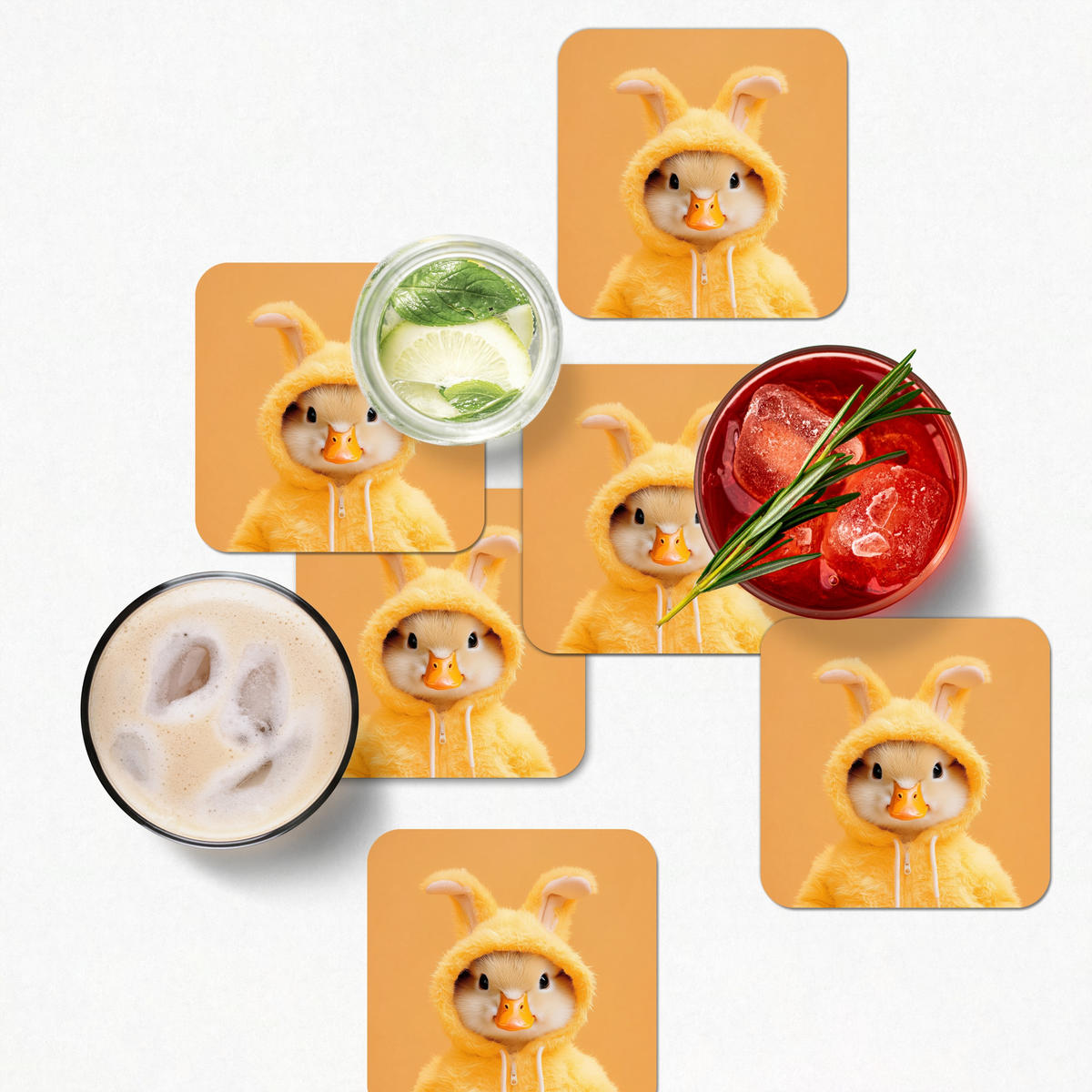 GLASUNTERSETZER 6er-Set Osterhase - Kostüm - Ente 10x10 cm - Gelb, Naturmaterialien (10/0.2cm) - MuchoWow