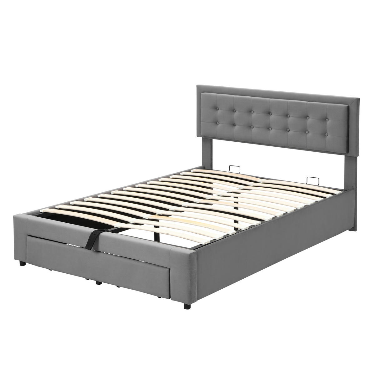 POLSTERBETT 140/200 cm Grau mit Stauraum aus Samt mit verstellbarem Kopfteil - Grau, Textil (140/200cm) - OKWISH