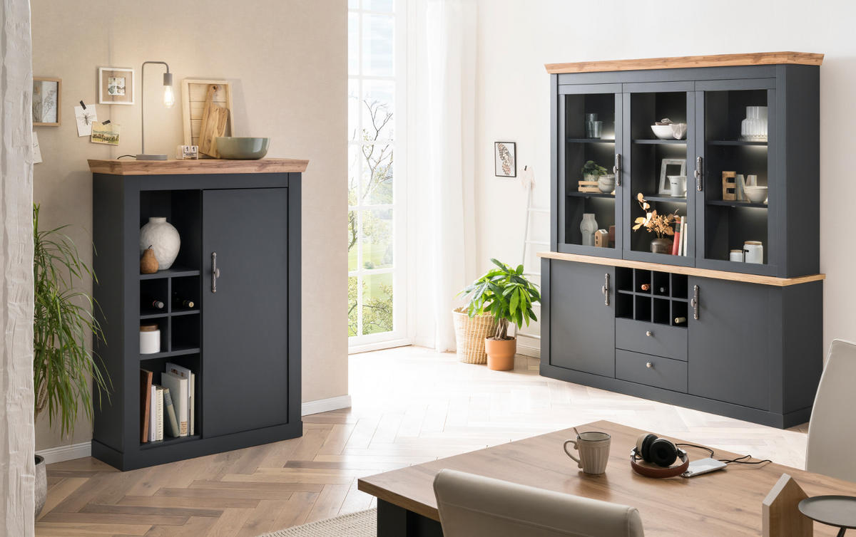 BUFFETSCHRANK grau, Wotan Eiche Landhaus, Vitrinenschrank mit Soft-Close-Funktion - Silberfarben/Eiche Wotan, Glas/Holzwerkstoff (184/205/44cm) - Furn.Design