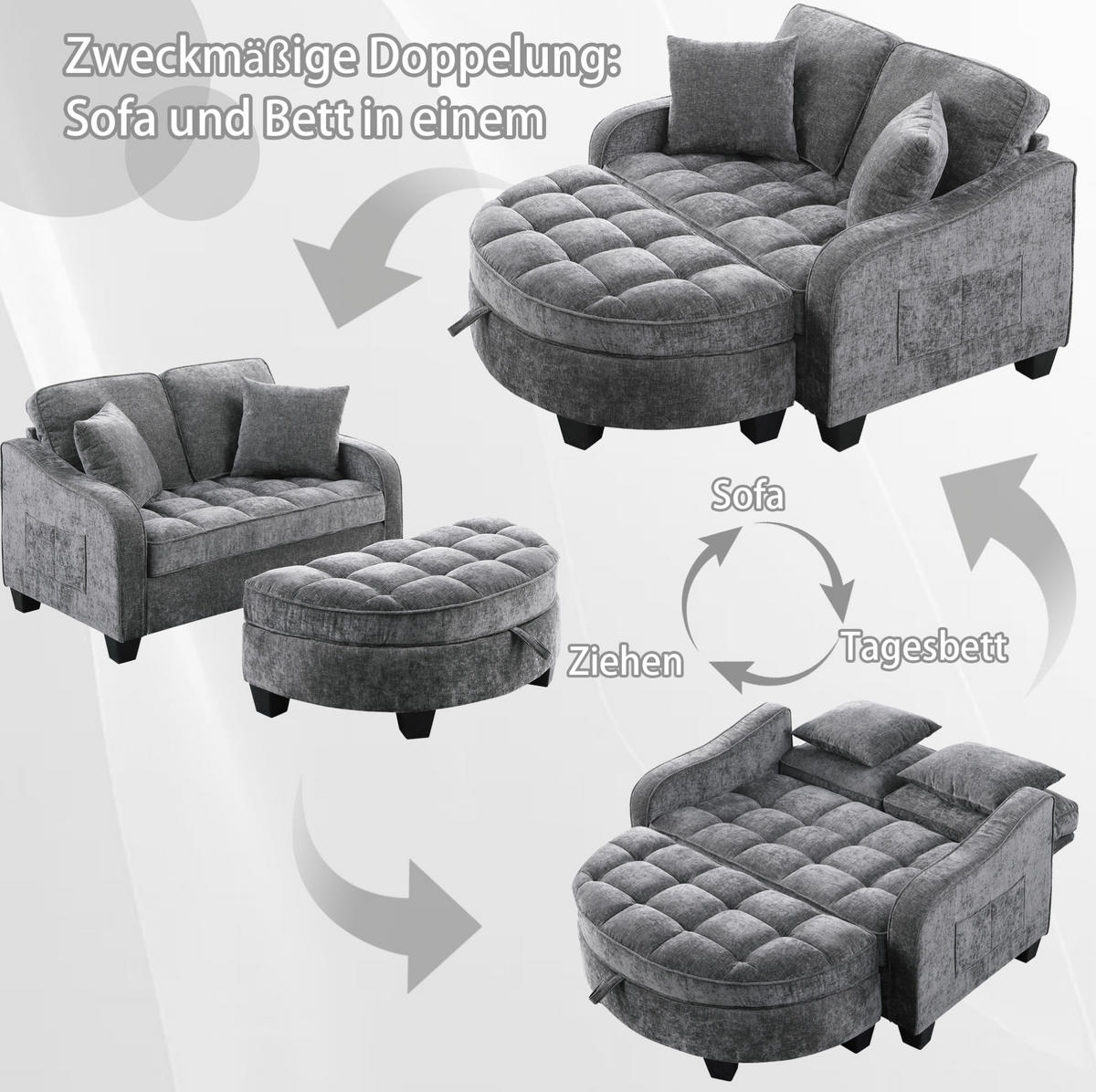 SOFA-BETT 132/129/93 cm aus Eukalyptusholz mit Aufbewahrungshocker Dunkelgrau - Dunkelgrau, Holz (129/93/132cm) - Modenvie