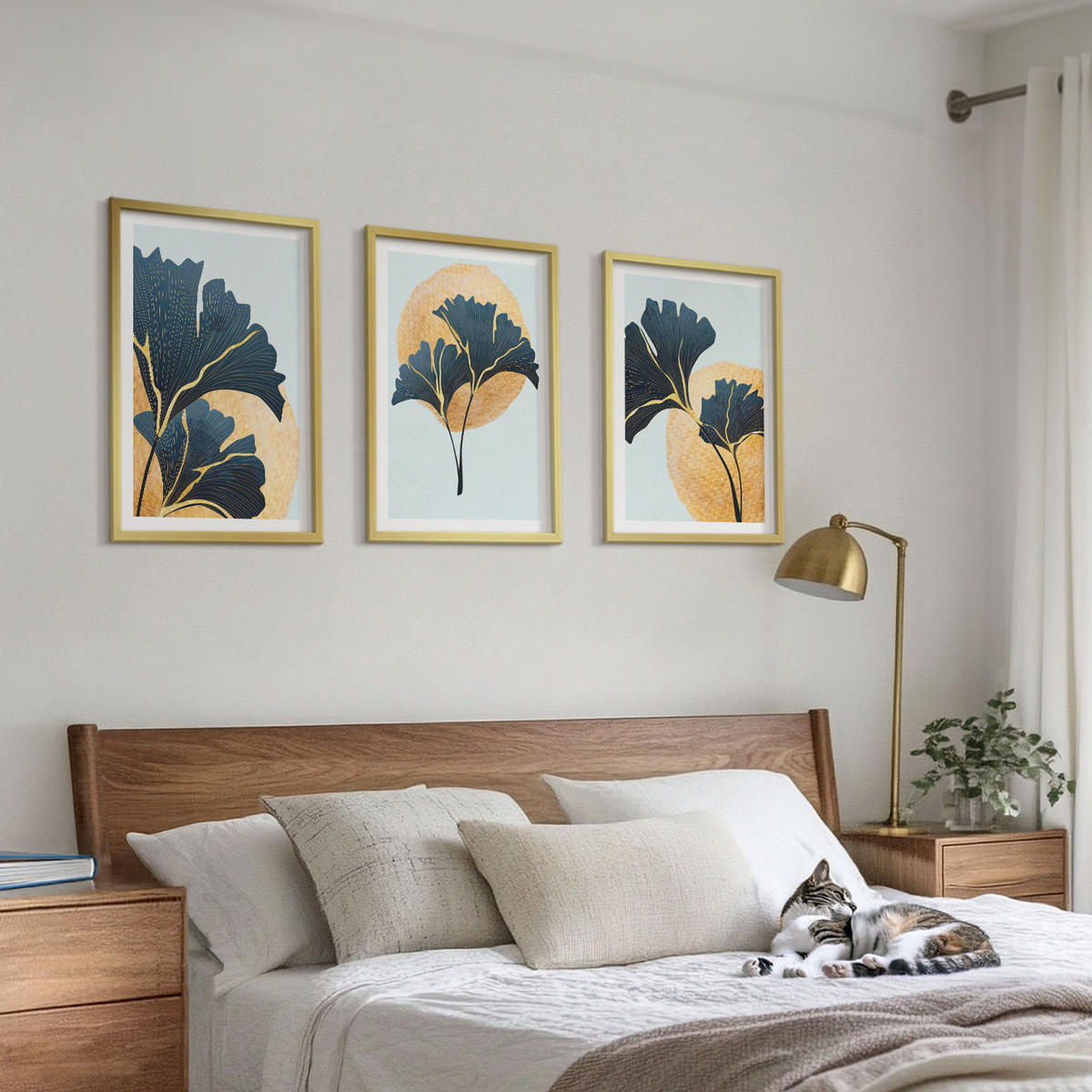 BILDER SET 3er Set - 40x60 cm Goldrahmen - Ginkgoblätter, heller Hintergrund - Goldfarben, Kunststoff (40/60cm) - TULUP