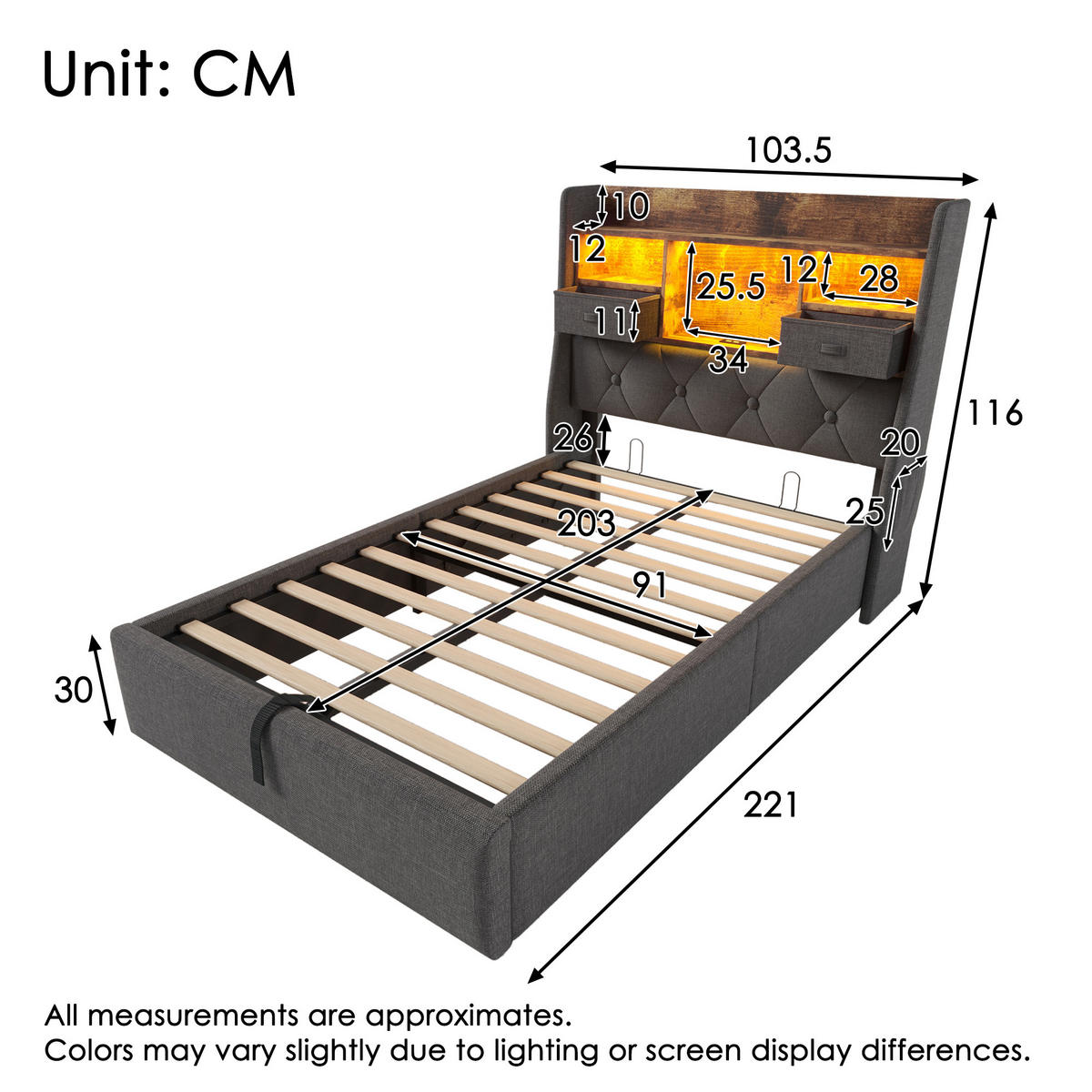 POLSTERBETT 90/200 cm mit LED, USB- und Type-C-Anschlüssen, hydraulischem Stauraum und Matratze, Grau - Grau, Textil (90/200cm) - Redom