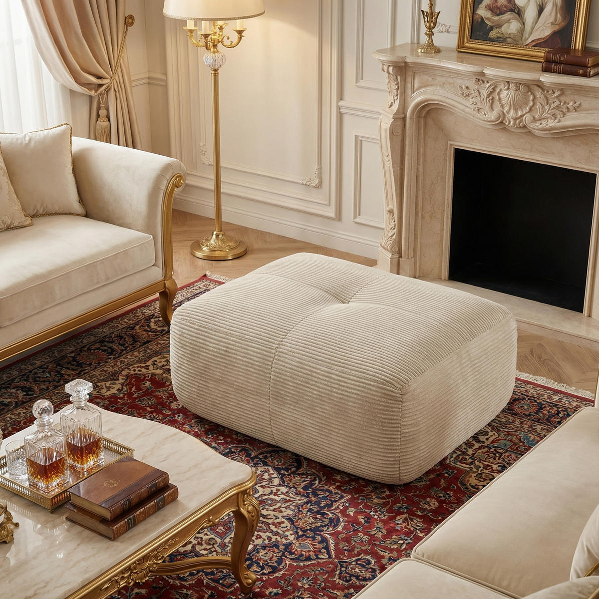 HOCKER OTTOMAN in Premium-Cord Montagefrei & Rutschfest - Beige, Textil (92.5/44/75cm) - Urban Meuble