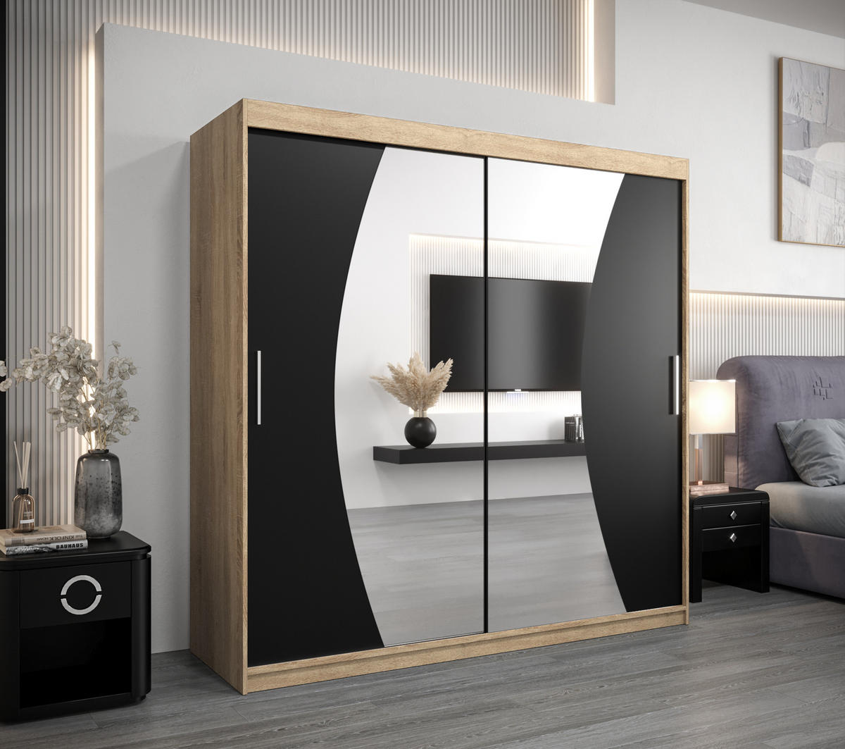 SCHWEBETÜRENSCHRANK 200/200/62 2-türig - Silberfarben/Schwarz, Holz/Kunststoff (200/200/62cm) - Abiks Möbel