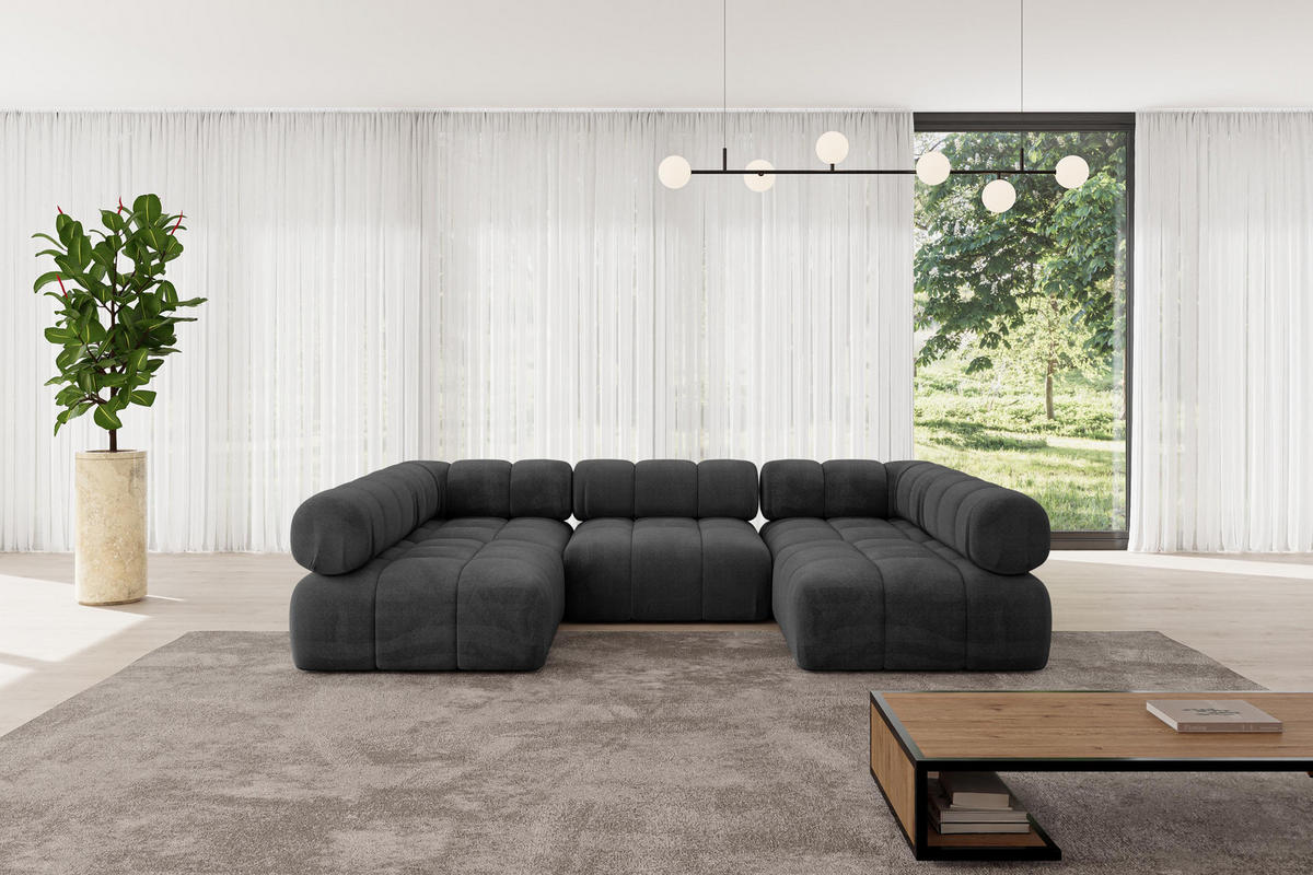 WOHNLANDSCHAFT modulares Sofa Garvo-U1 - 285x190x70 cm Schwarz Velours - Schwarz, Holzwerkstoff/Textil (285/70/190cm) - ALTDECOR