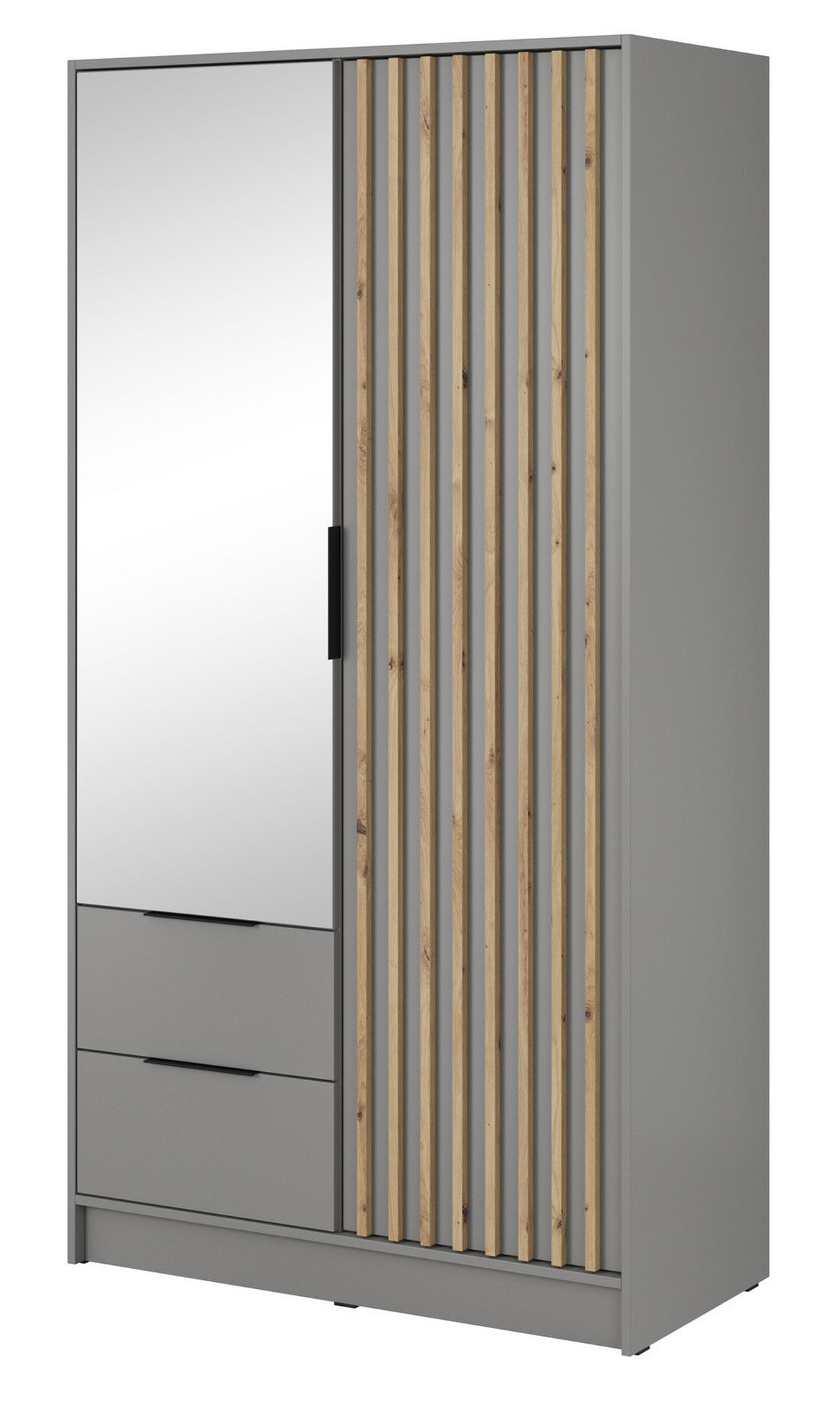 KLEIDERSCHRANK Stilo in Grau, zweitürig, mit Spiegel und Lamellen an der Vorderseite - Schwarz/Eiche Artisan, Holzwerkstoff/Kunststoff (105/200/51cm) - Ravio