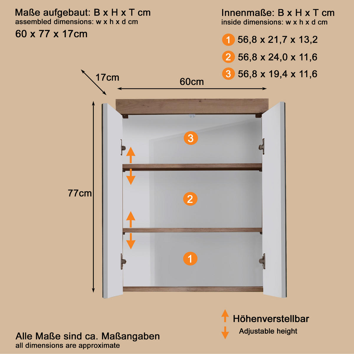 SPIEGELSCHRANK Asteiche 60 x 77 cm 2-türig, Badschrank modern - Eichefarben, Glas/Holzwerkstoff (60/77/17cm) - Top.Furn