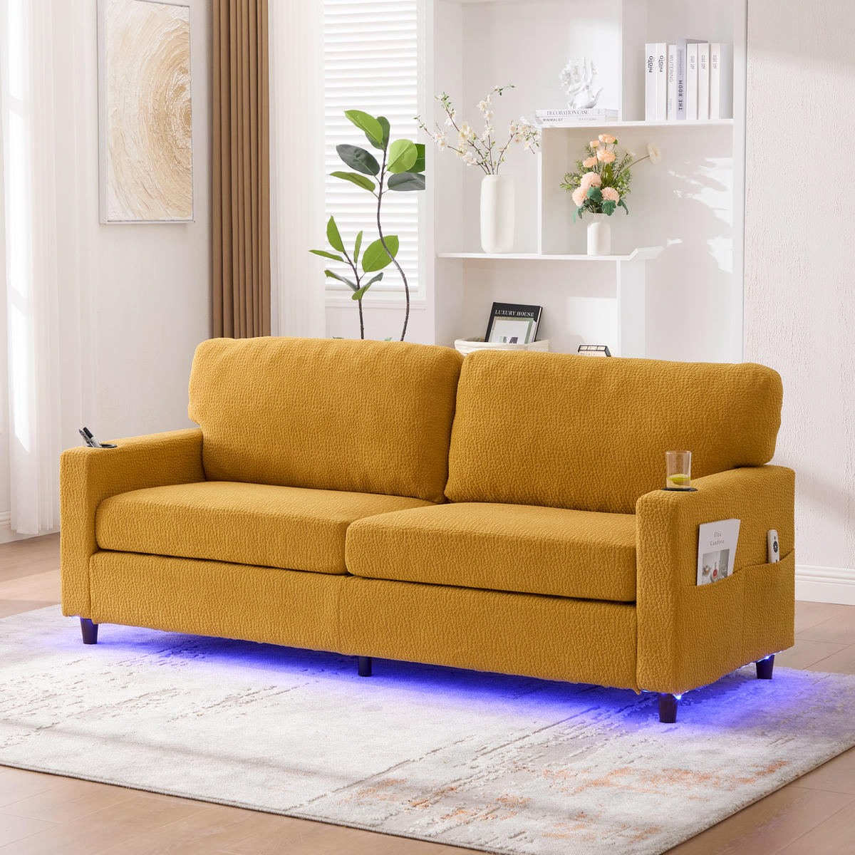 2-SITZER SOFA Chenille Senfgelb mit USB-C, LED, Getränkehaltern und Seitentaschen - Orange, Holzwerkstoff/Textil (203/86/77.5cm) - WISHDOR