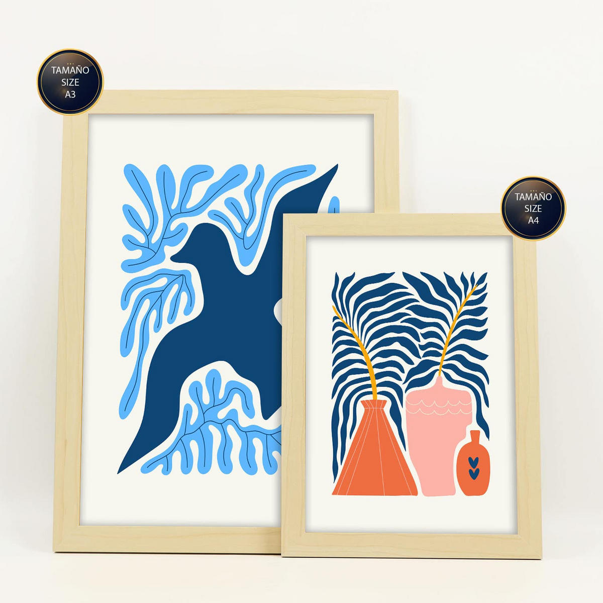 POSTER Set Mit 6 Minimalistischen In Leuchtenden Farben Blaue Blätter Drucke Von Landschaften Und Natur Für A3 & A4 Rahmen Aus Hellem Holz - Beige, Papier (29/3cm) - Nacnic