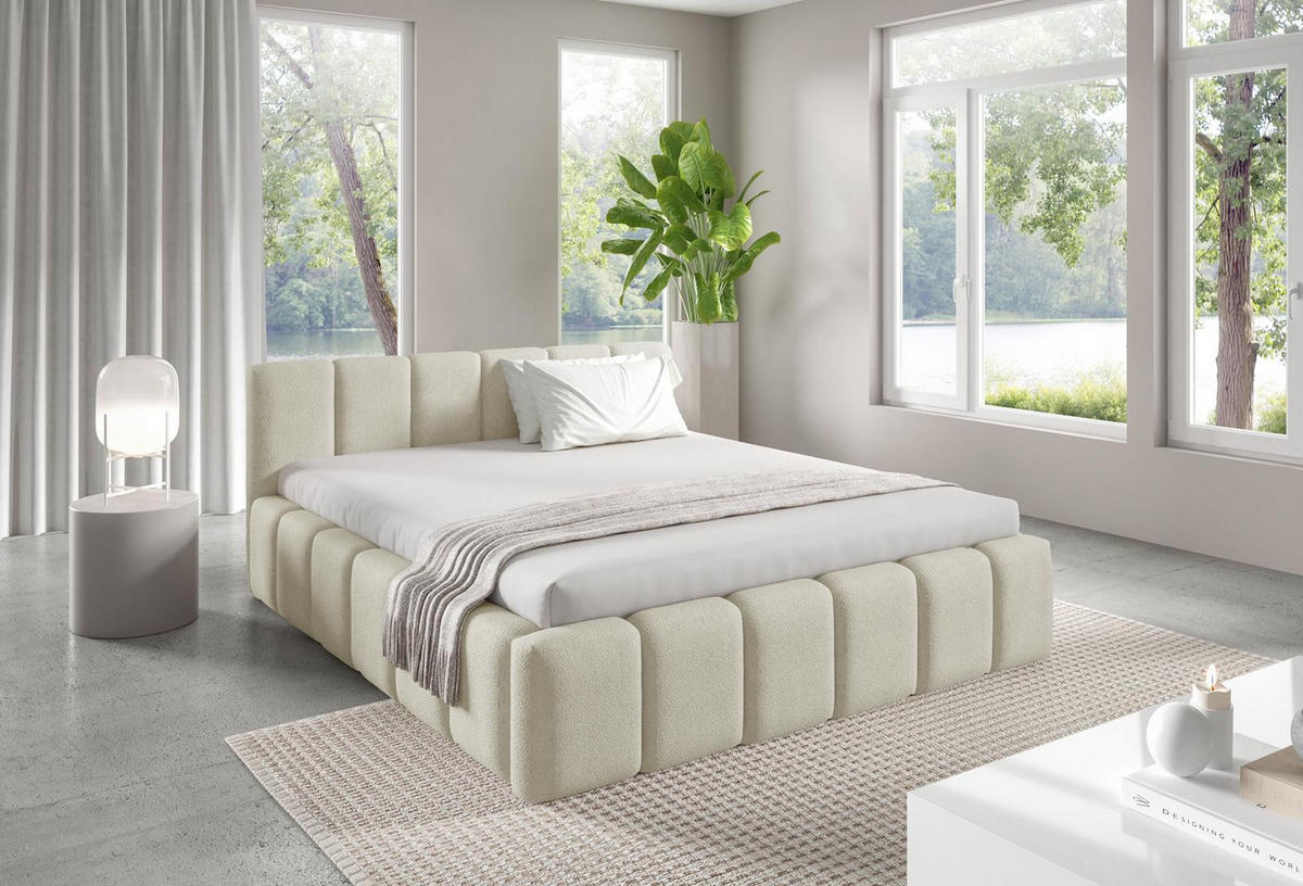 POLSTERBETT KALLA Medium 140x200 cm mit Bettkasten – QUELLE 02 - Creme, Holz (140/200cm) - Dekori_Interiors