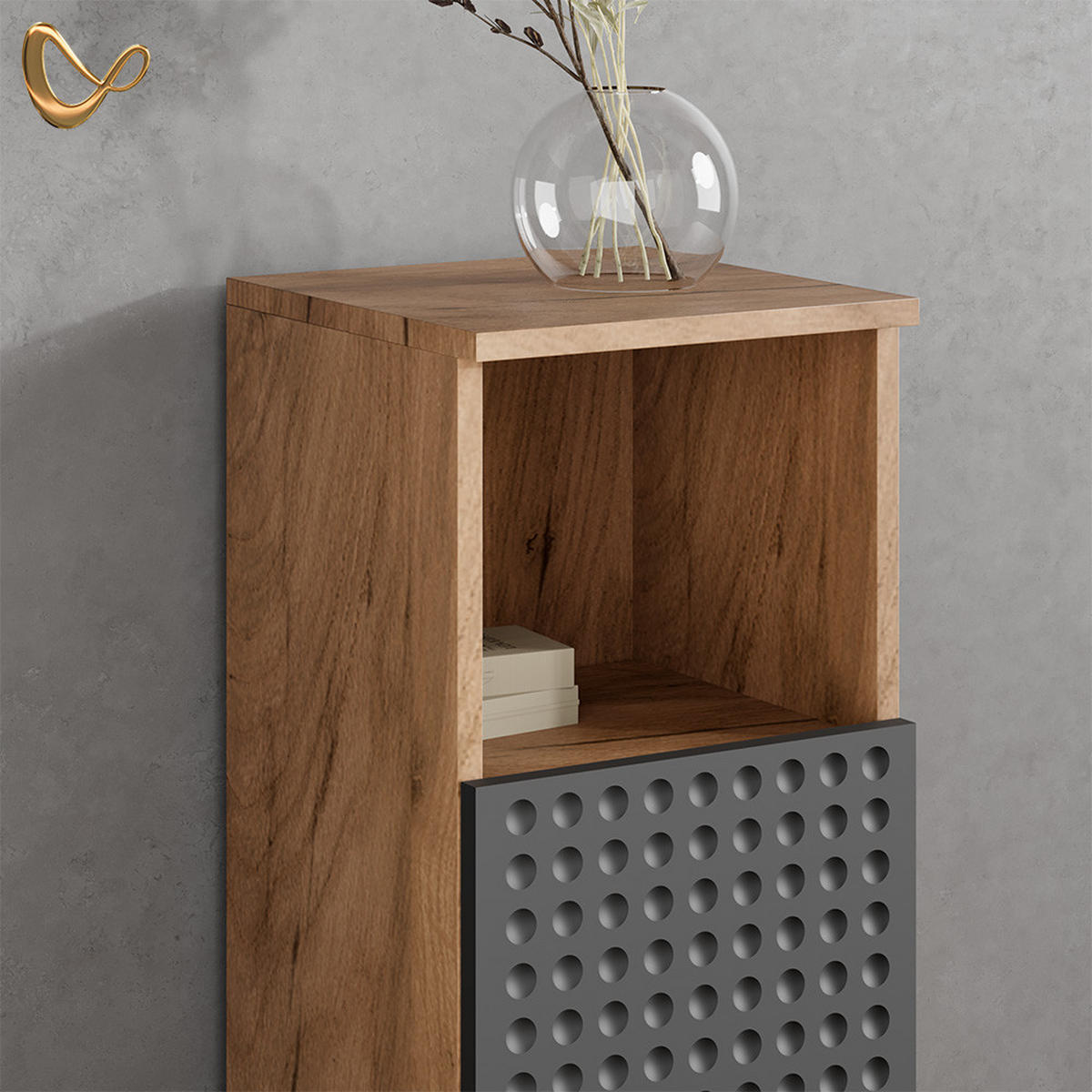 BADMÖBEL-SET Ronco Anthrazit gepunktet 4 Teile, mit Hochschrank - Anthrazit/Eiche Wotan, Holzwerkstoff (80/58.6/41cm) - Livinity®