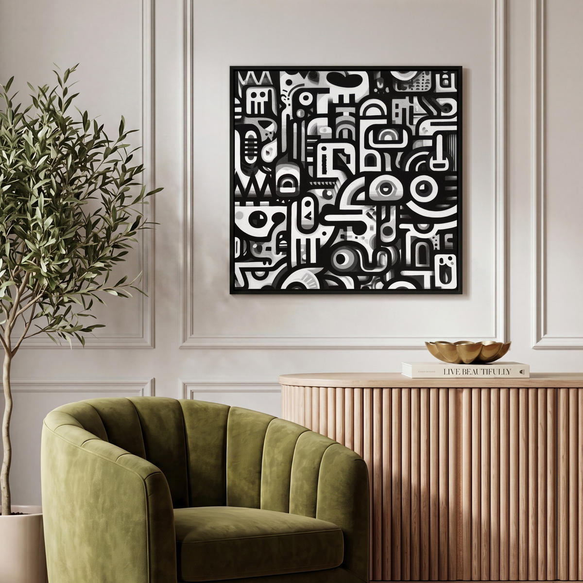 LEINWAND Bilder mit Rahmen - Symbole - Abstrakt - Grafik - Schwarz - 50x50 - Schwarz, Textil (50/50cm) - MuchoWow