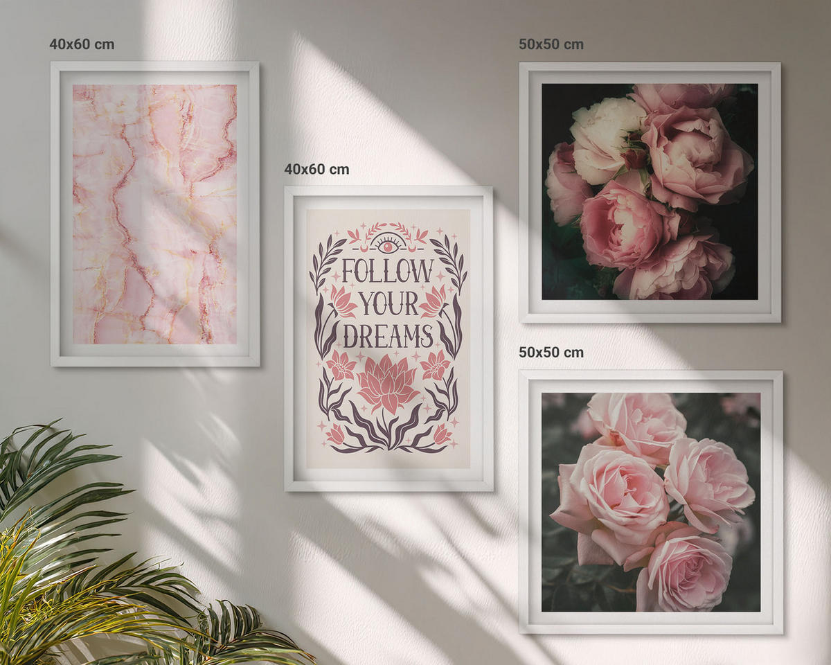 BILDER SET 4er Set - 50x50 cm & 40x60 cm Weißer Rahmen - Vintage-Rosen-Marmorträume - Weiß, Kunststoff (50/50cm) - TULUP