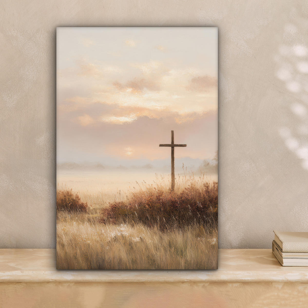LEINWANDBILD Gras - Morgennebel - Kreuz - Christentum Deko Wohnzimmer 20x30 cm - Beige, Textil (20/30cm) - MuchoWow
