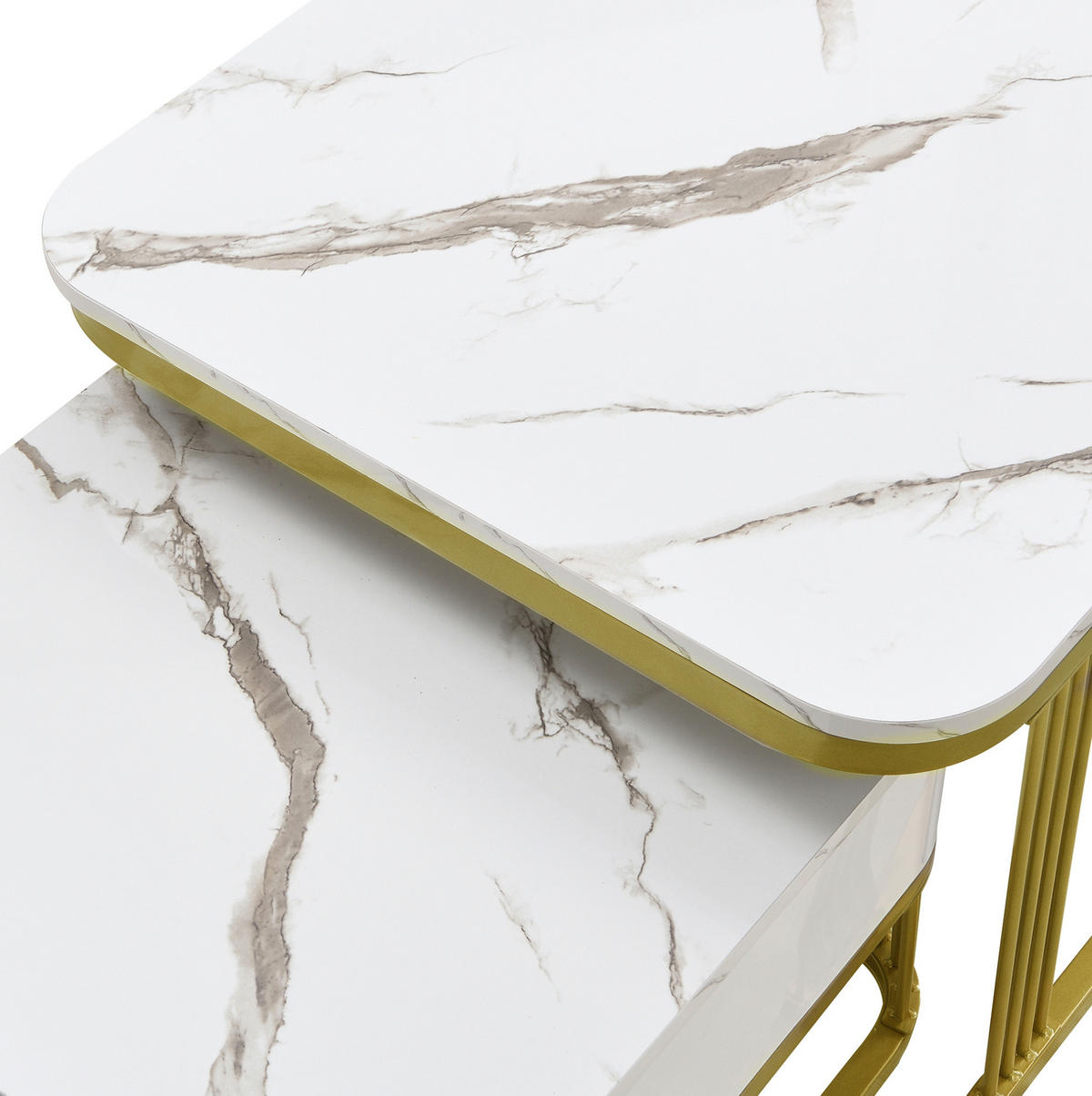 COUCHTISCH-SET aus MDF 60x60x45 cm Weiß mit Marmoroptik, Schublade und goldfarbenem Metallrahmen - Weiß, Holzwerkstoff (60/60/45cm) - IVMEU