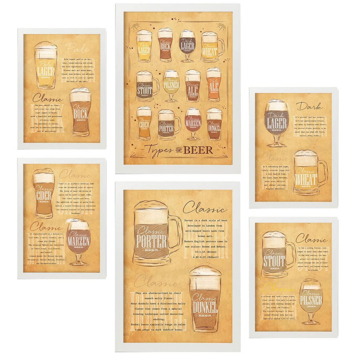 POSTER Set Mit 6 Biersorten Größe A3 & A4 Weißer Rahmen - Weiß, Papier (29.7/1cm) - Nacnic