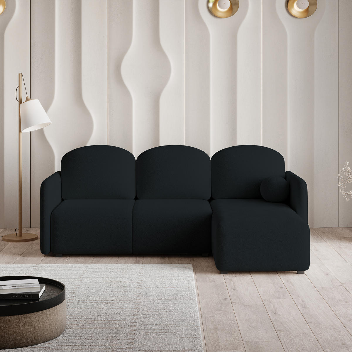 ECKSOFA SUVINO Schwarz Boucle-Stoff mit Schlaffunktion - Schwarz, Holz (230/143cm) - MASSENO