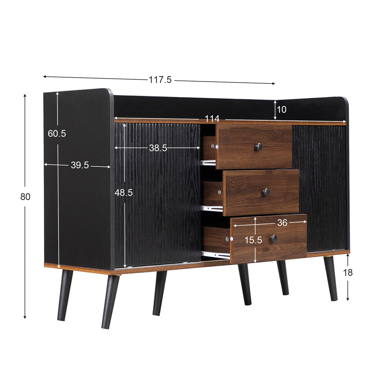 SIDEBOARD aus MDF/Spanplatte (E1) in Schwarz mit Schiebetüren und Schubladen, 117,5/40/80 cm, Schwarz - Schwarz, Holzwerkstoff (40/80/117.5cm) - Redom