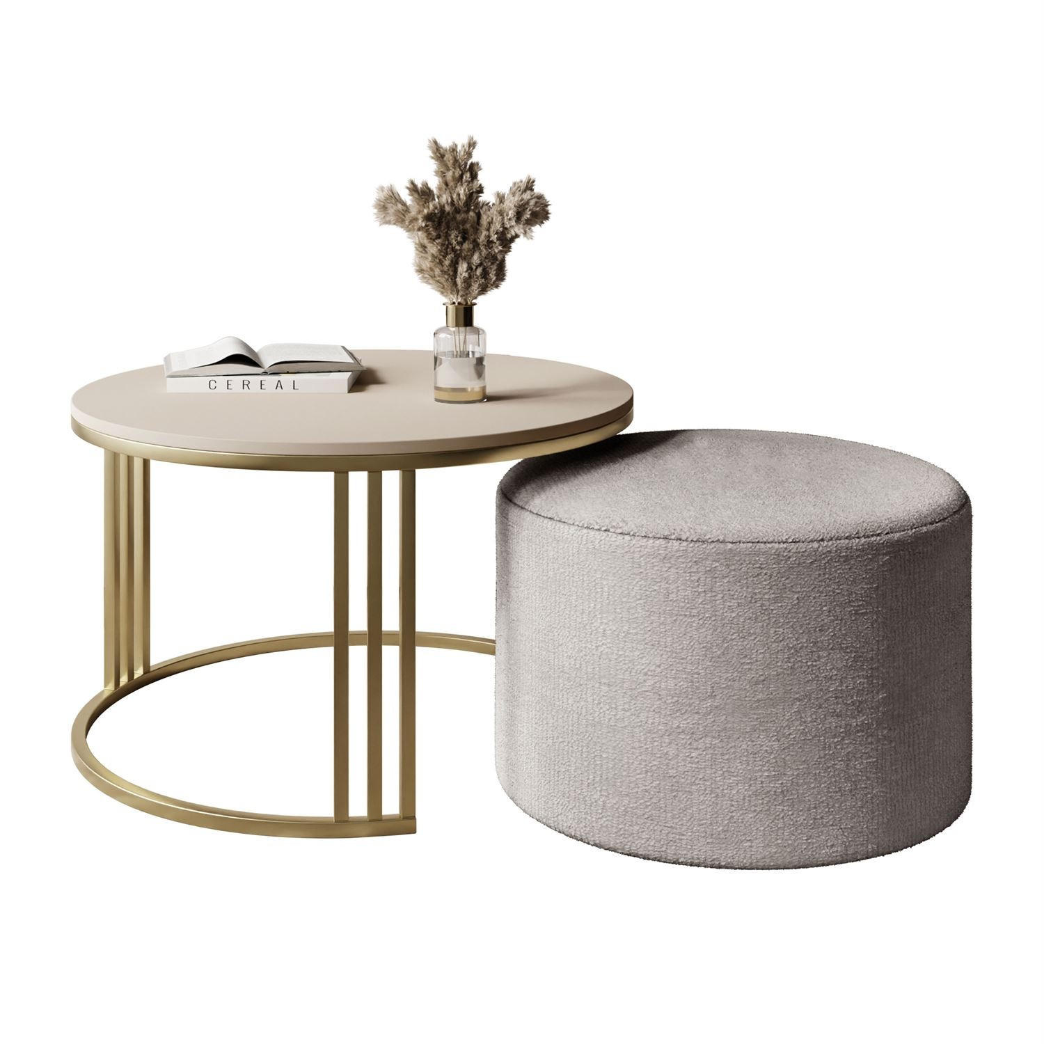 COUCHTISCH mit Hocker LORI MAT gebürstetes Gold/Kaschmir matt/Perfect Harmony 82 - Kaschmir, Metall (70/70/49cm) - Lookway