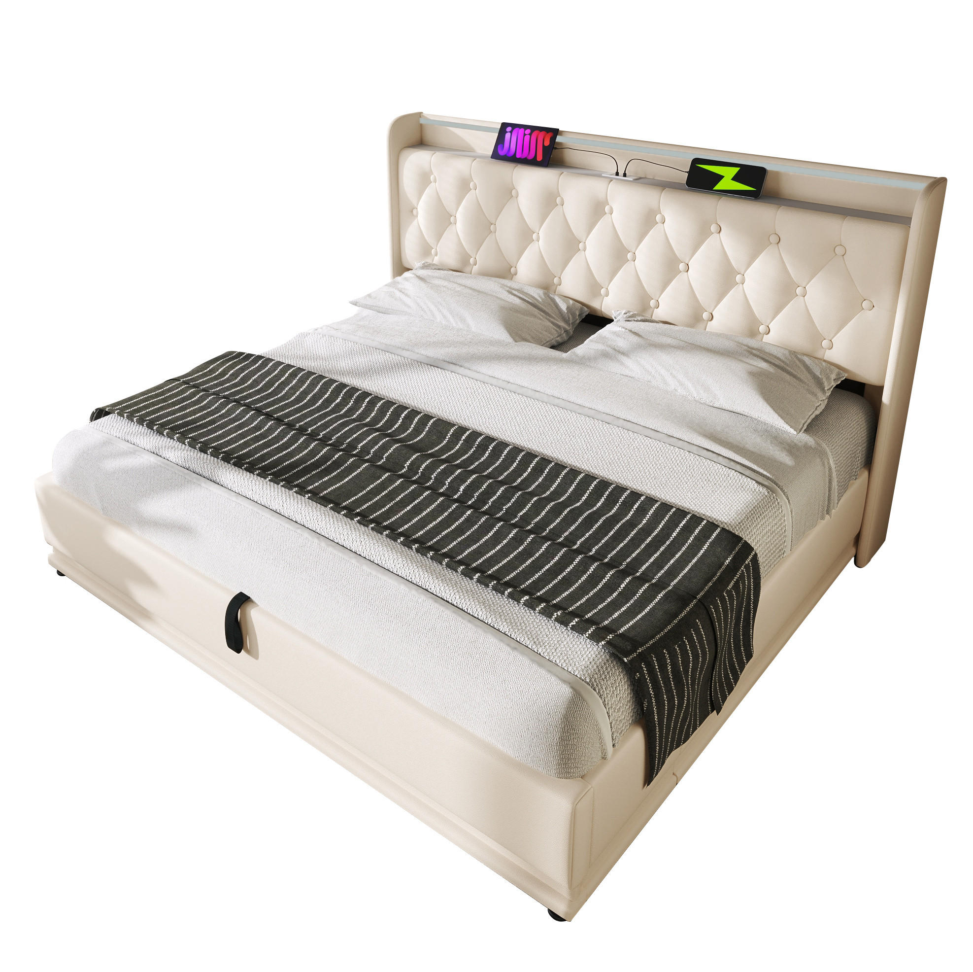 POLSTERBETT mit LED-Beleuchtung 160/200 cm mit Bettkasten und USB-C, Weiß - Weiß, Kunststoff (160/200cm) - BEAOK