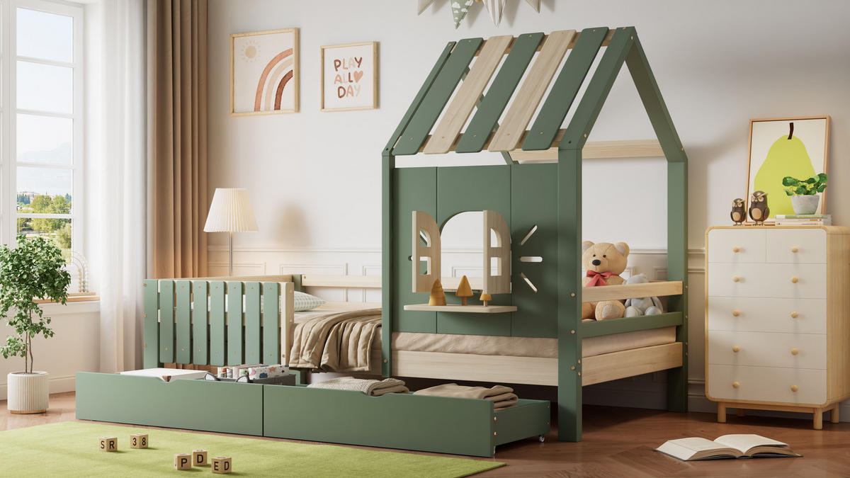 KINDERBETT 90x200 cm Haus Schubladen grün - Grün, Holz (90/200cm) - Fortuna Lai