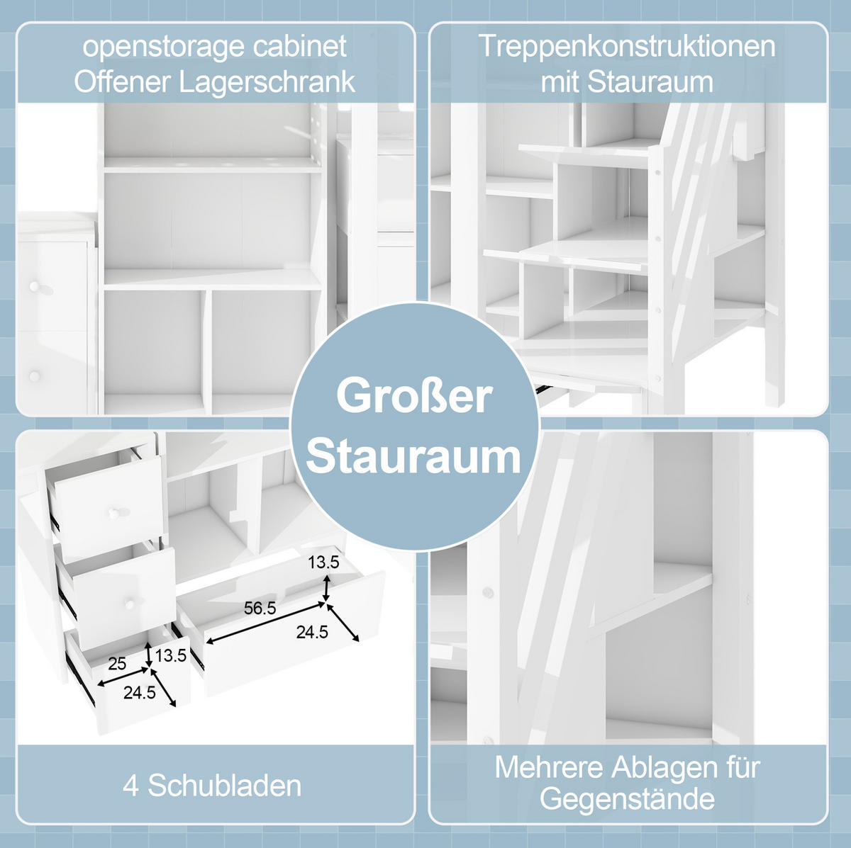 HOCHBETT 90/200 cm mit Schreibtisch, Schubladen, Regalen und Stauraumleiter aus Kiefer , Weiß - Weiß, Holzwerkstoff (90/200cm) - Redom