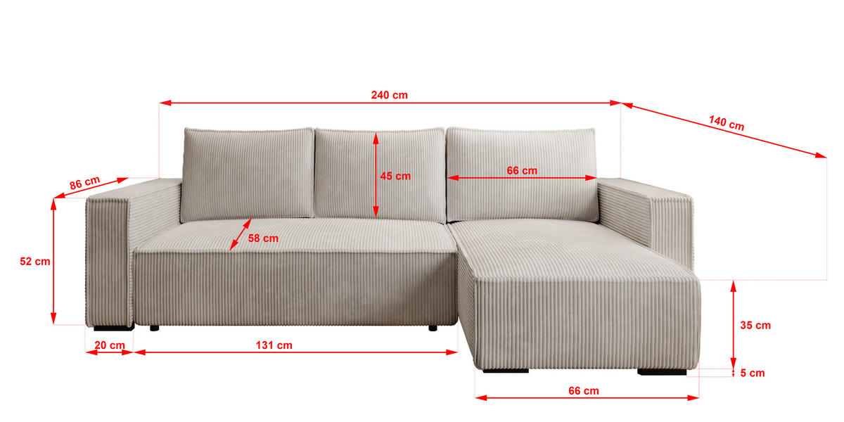 ECKSOFA CUDDY L, Eckcouch in L-Form mit Schlaffunktion und Bettkasten, Farbe: Hellgrau, Cordstoff, Ottomane Rechts - Hellgrau, Textil (240/140cm) - Storez24