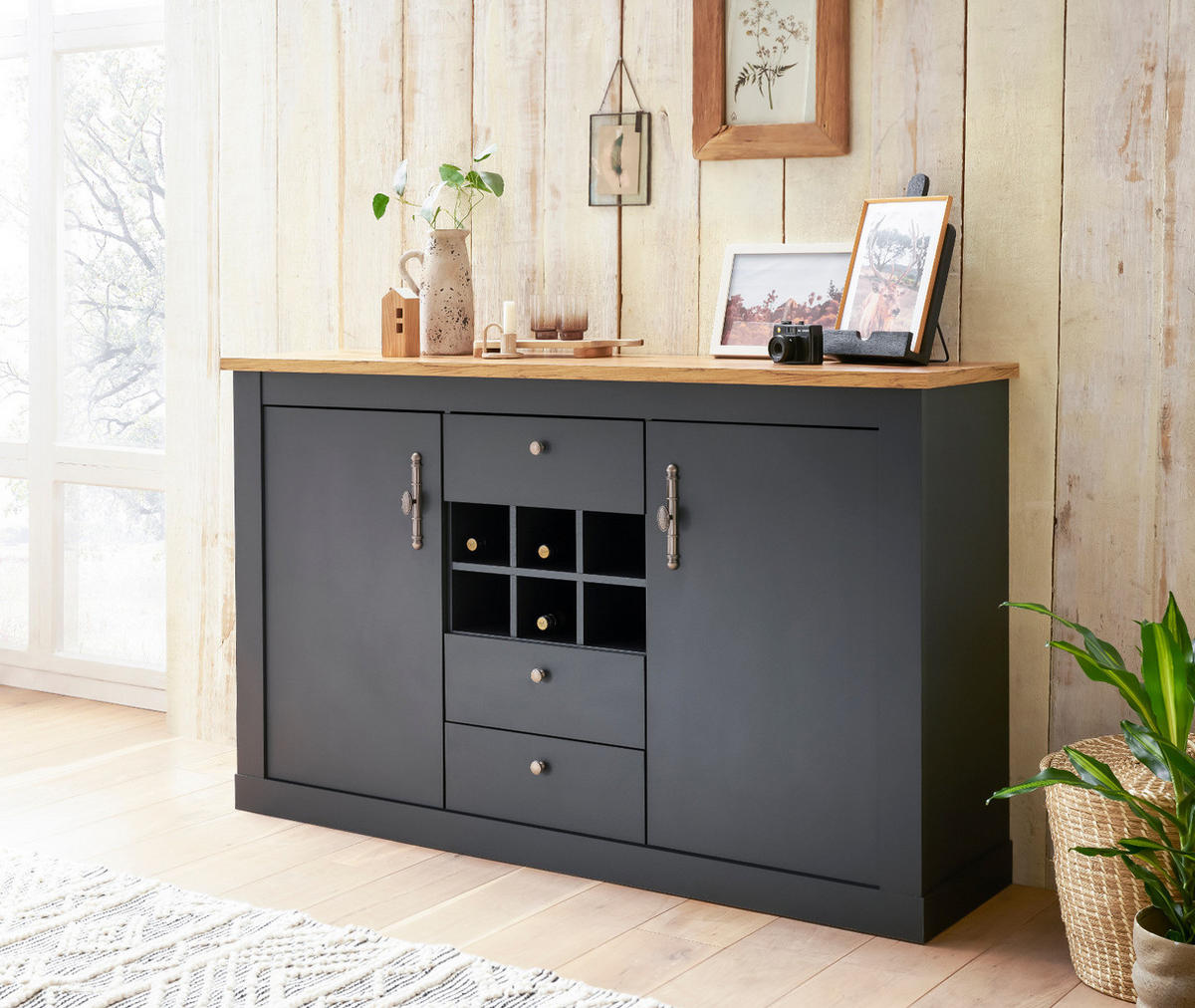 SIDEBOARD grau, Eiche Wotan, Landhaus 169 cm, Kommode mit Soft-Close - Silberfarben/Eiche Wotan, Holzwerkstoff/Kunststoff (169/104/45cm) - Furn.Design