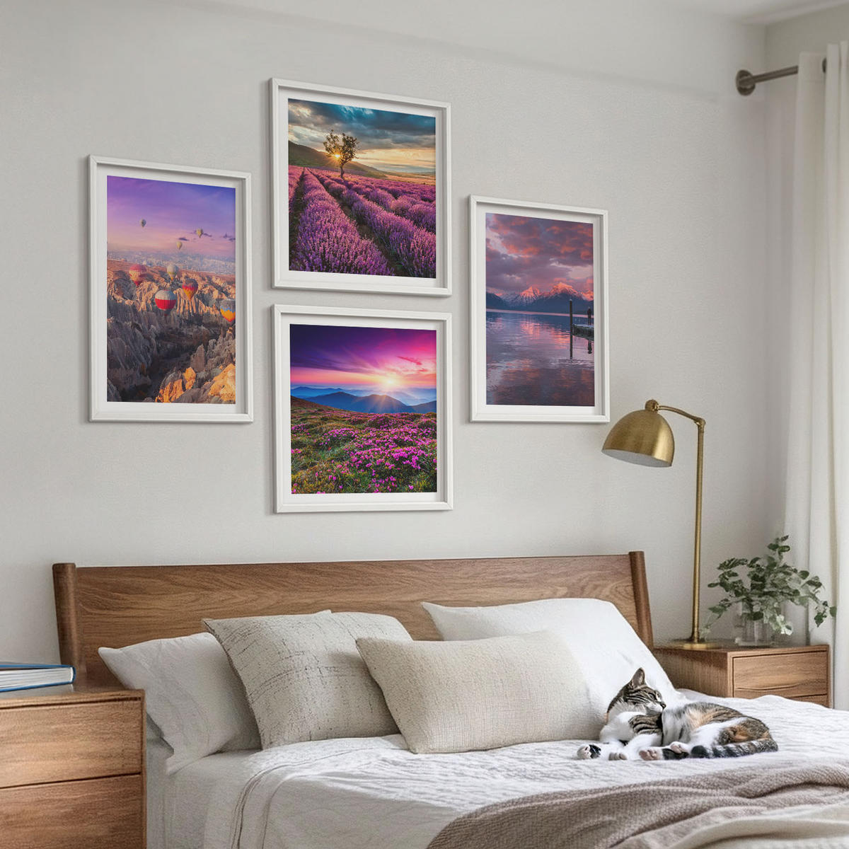 BILDER SET 4er Set - 50x50 cm & 40x60 cm Weißer Rahmen - Sonnenuntergang auf Lavendelfeldern - Weiß, Kunststoff (50/50cm) - TULUP
